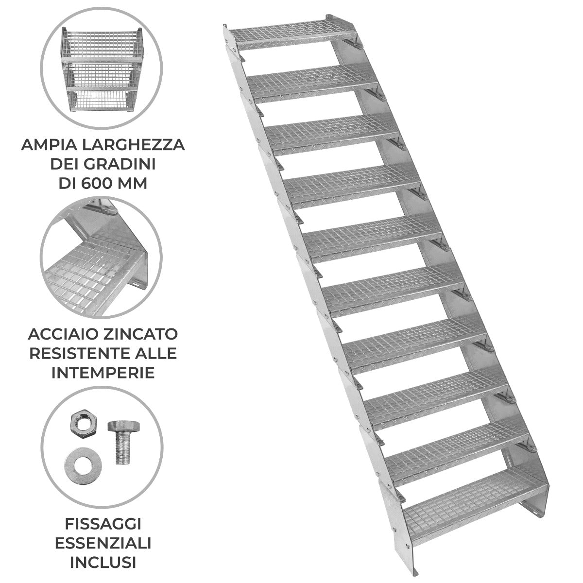 Q-Rax Commercio Scala Zincata 10 Elementi Larghezza 600mm