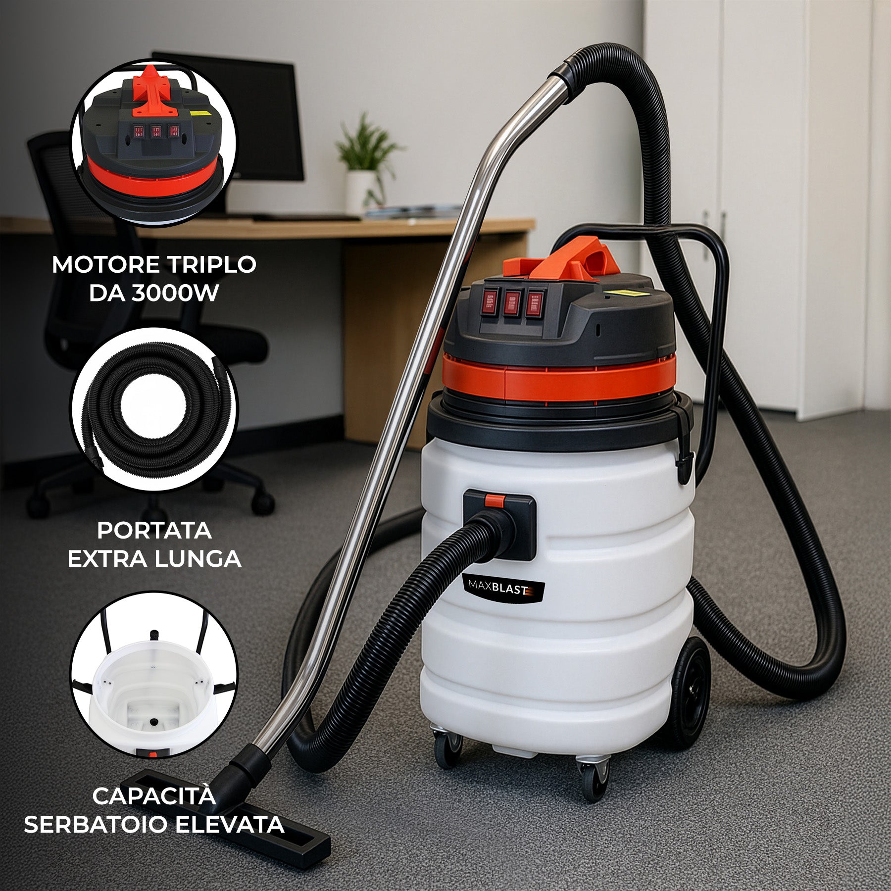 Q-Rax Aspirapolvere Industriale 90L Secco Umido Tubo 5 m