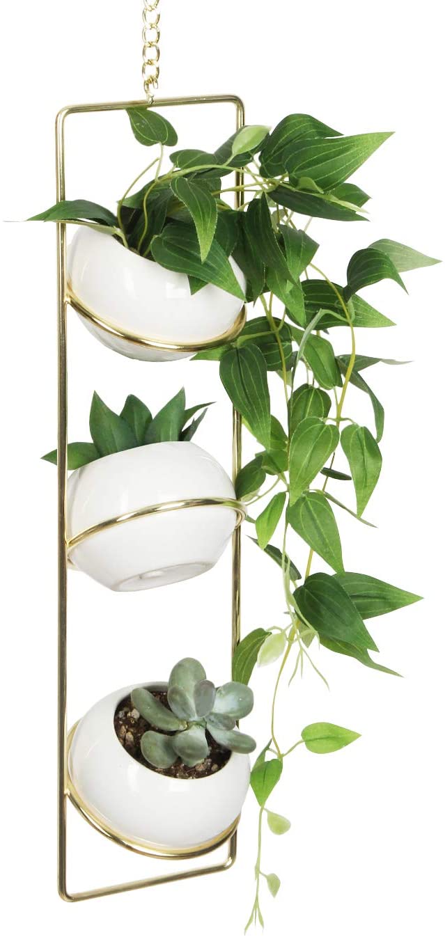 Jackcube Design Plant Set 3 Vasi Sospesi Ceramica Bianca Oro Parete
