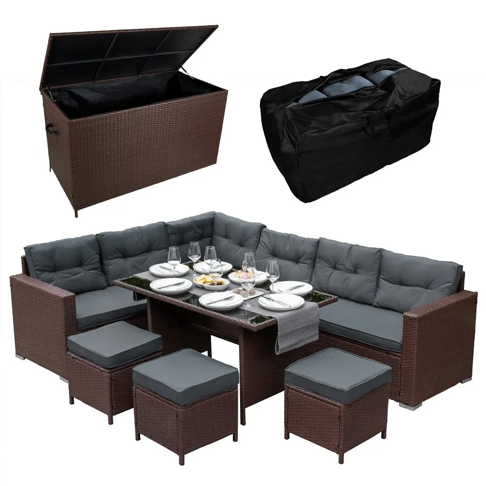 Q-Rax Mobili da Esterno Set Rattan 9 Posti Marrone con Box