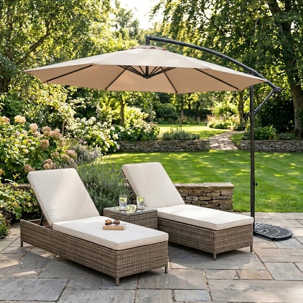 Q-Rax Ombrellone Decentrato 3m Beige con Base e Pesi