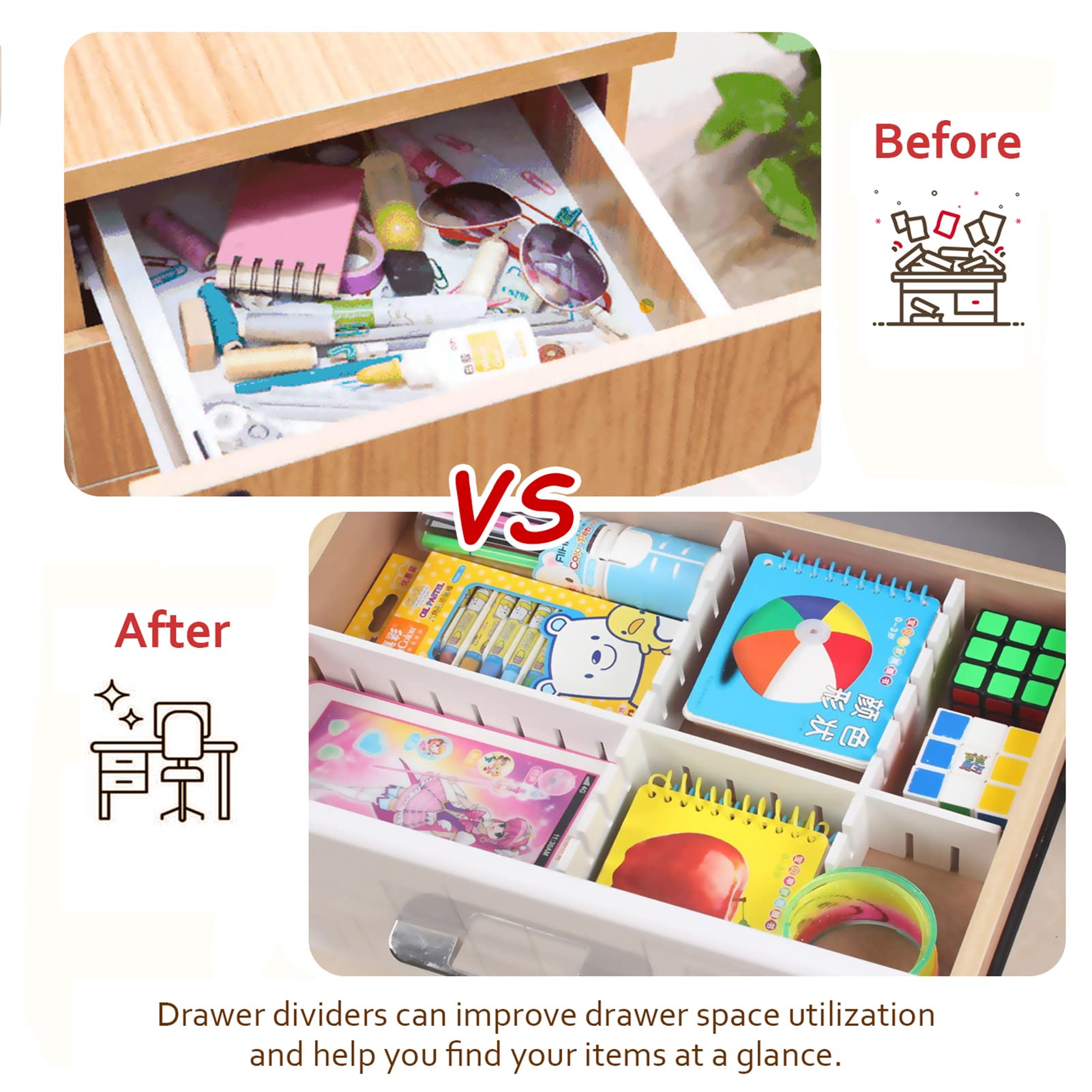 HGYZE Divisori per Cassetti Regolabili organizer 42x9 cm bianco 8 pz