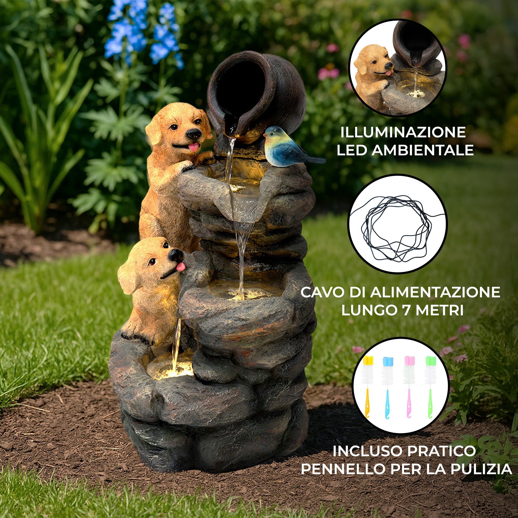 Q-Rax Canine Creek Fontana Elettrica Cuccioli LED Giardino