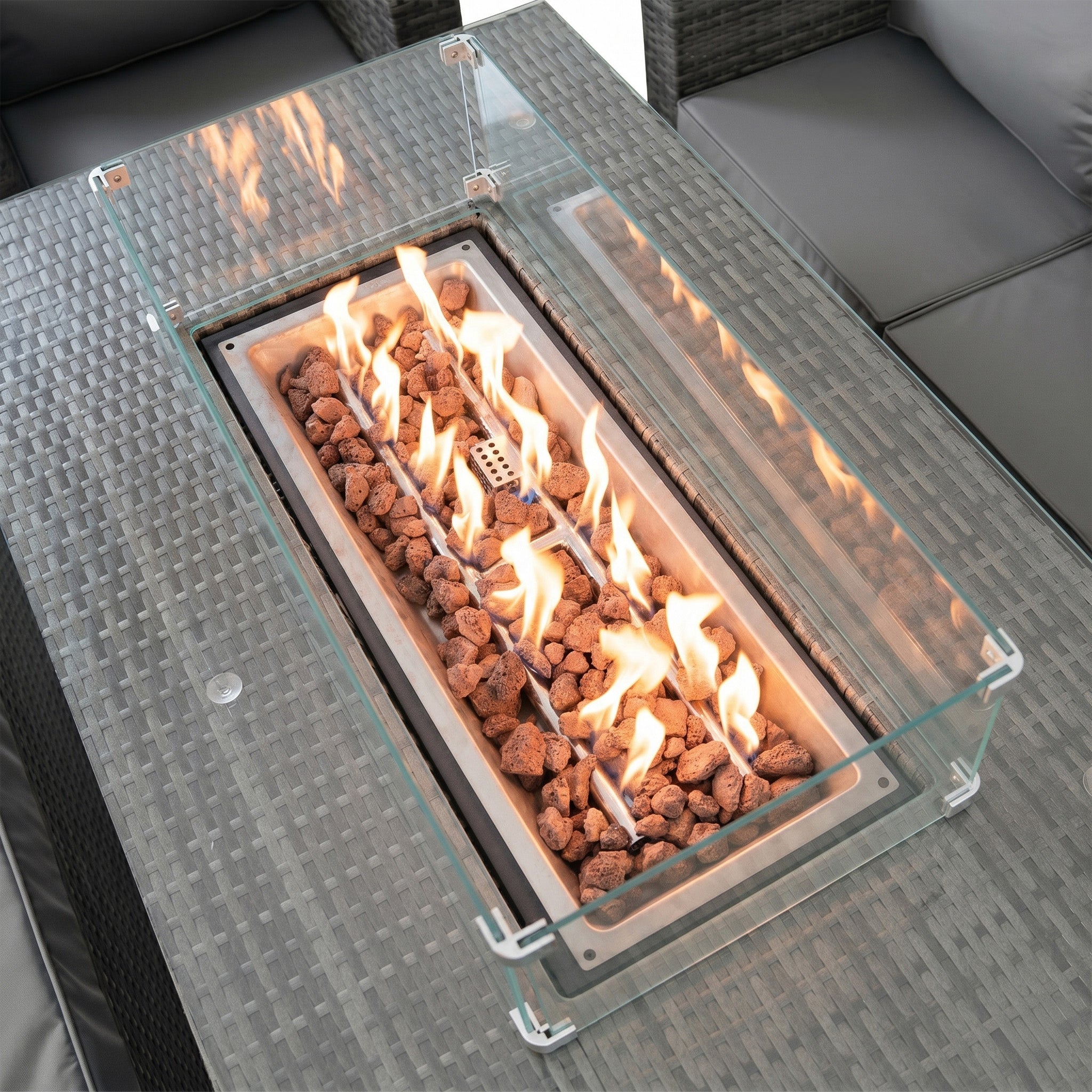 Q-Rax Set Mobili Giardino Rattan 11 Posti Grigio con Tavolo Firepit