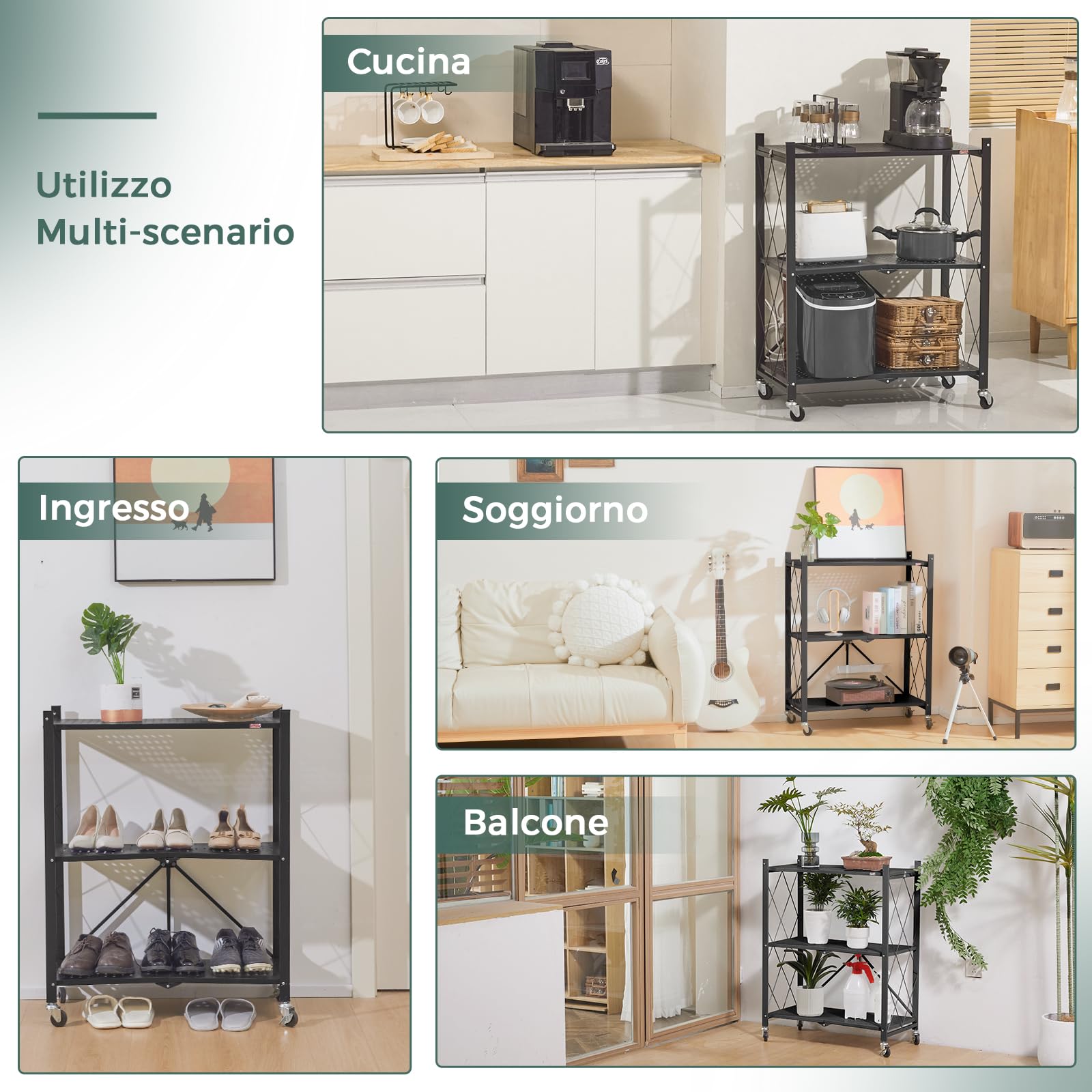 DEANIC Folding Storage Shelves scaffale metallo nero 3 ripiani
