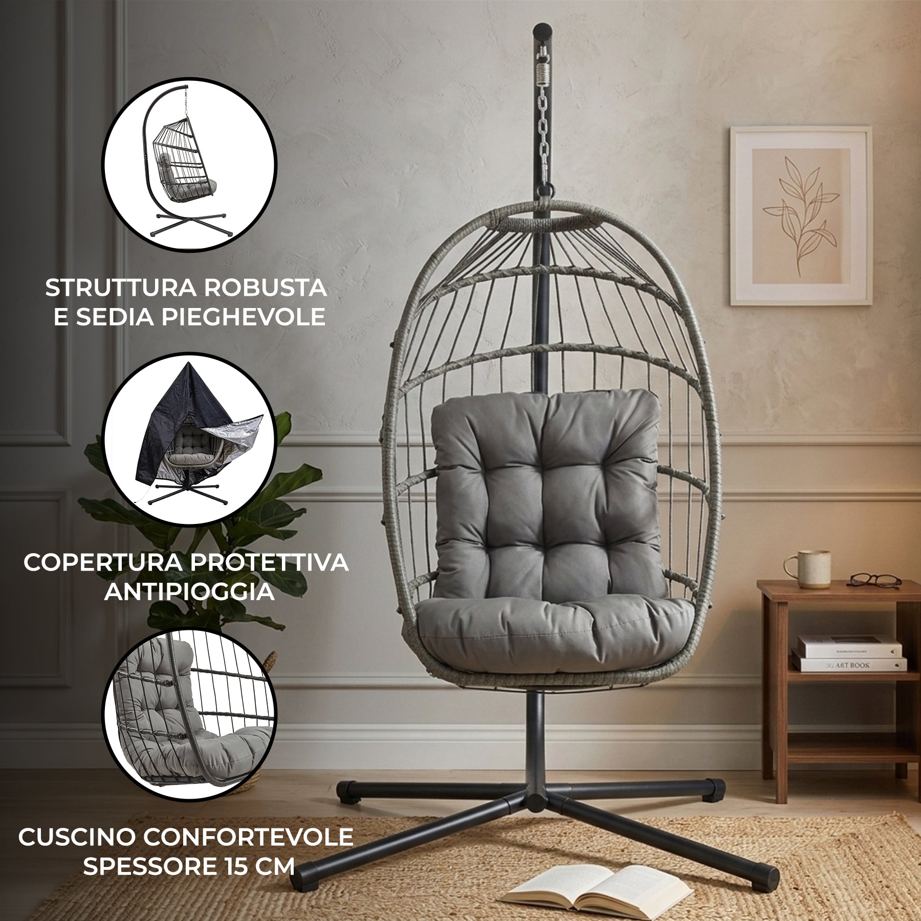 Q-Rax Poltrona Sospesa Uovo Rattan Grigio 150 kg