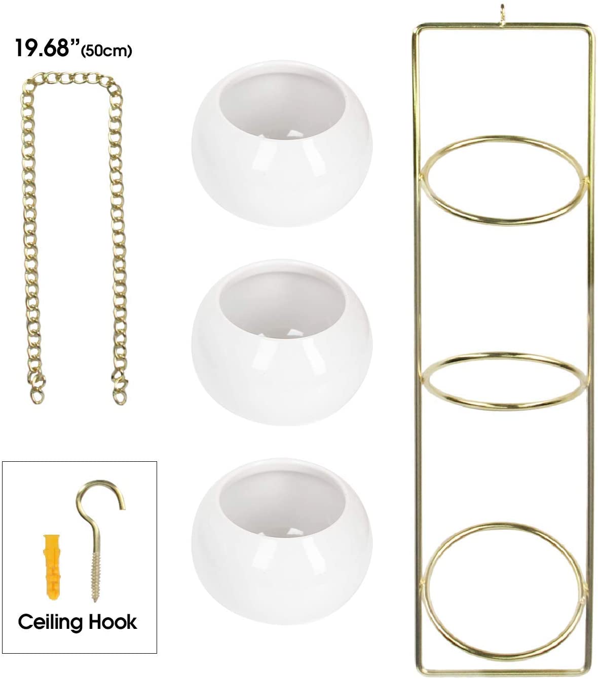 Jackcube Design Plant Set 3 Vasi Sospesi Ceramica Bianca Oro Parete