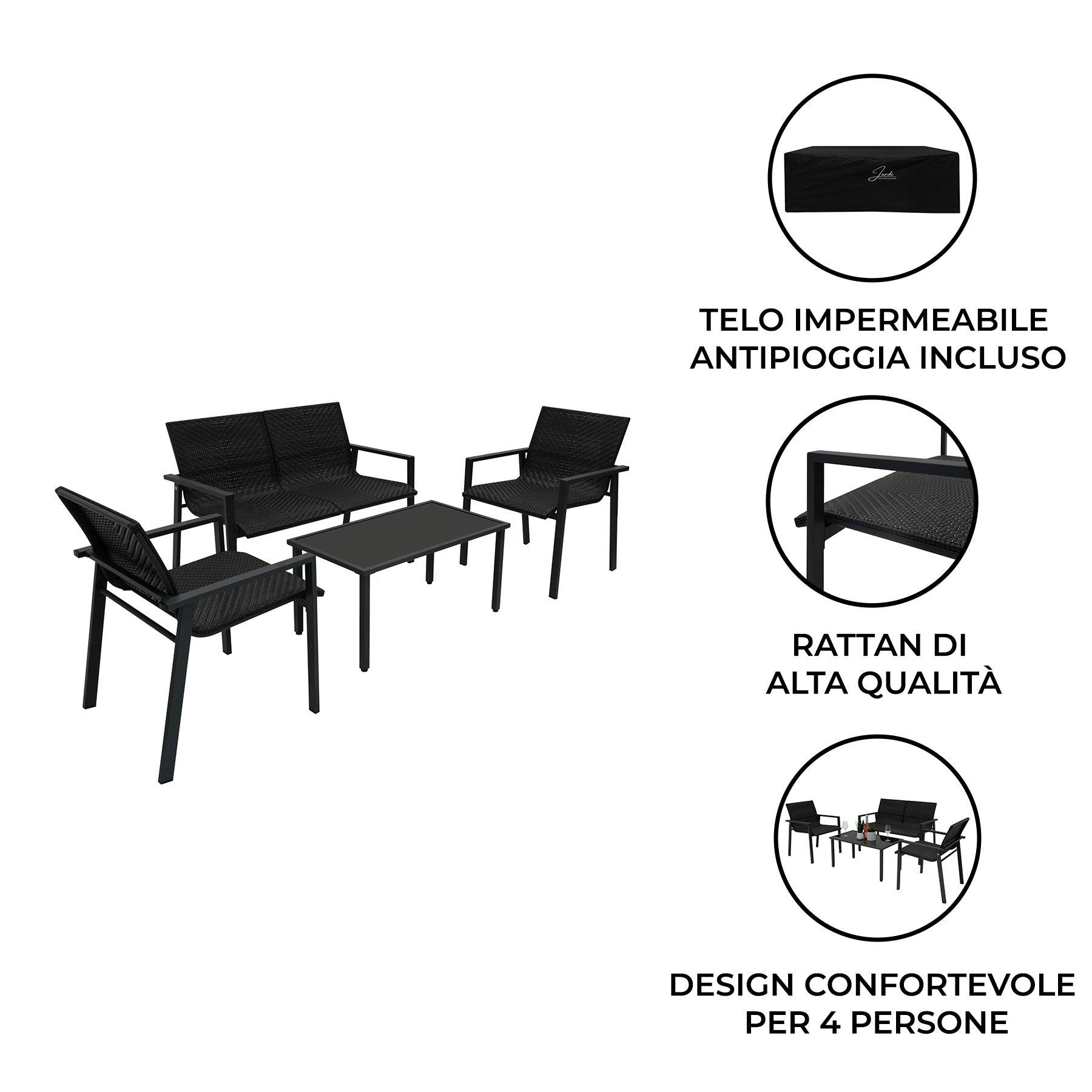 Q-Rax Mobili da Esterno Set Giardino Rattan 4 Pezzi Nero