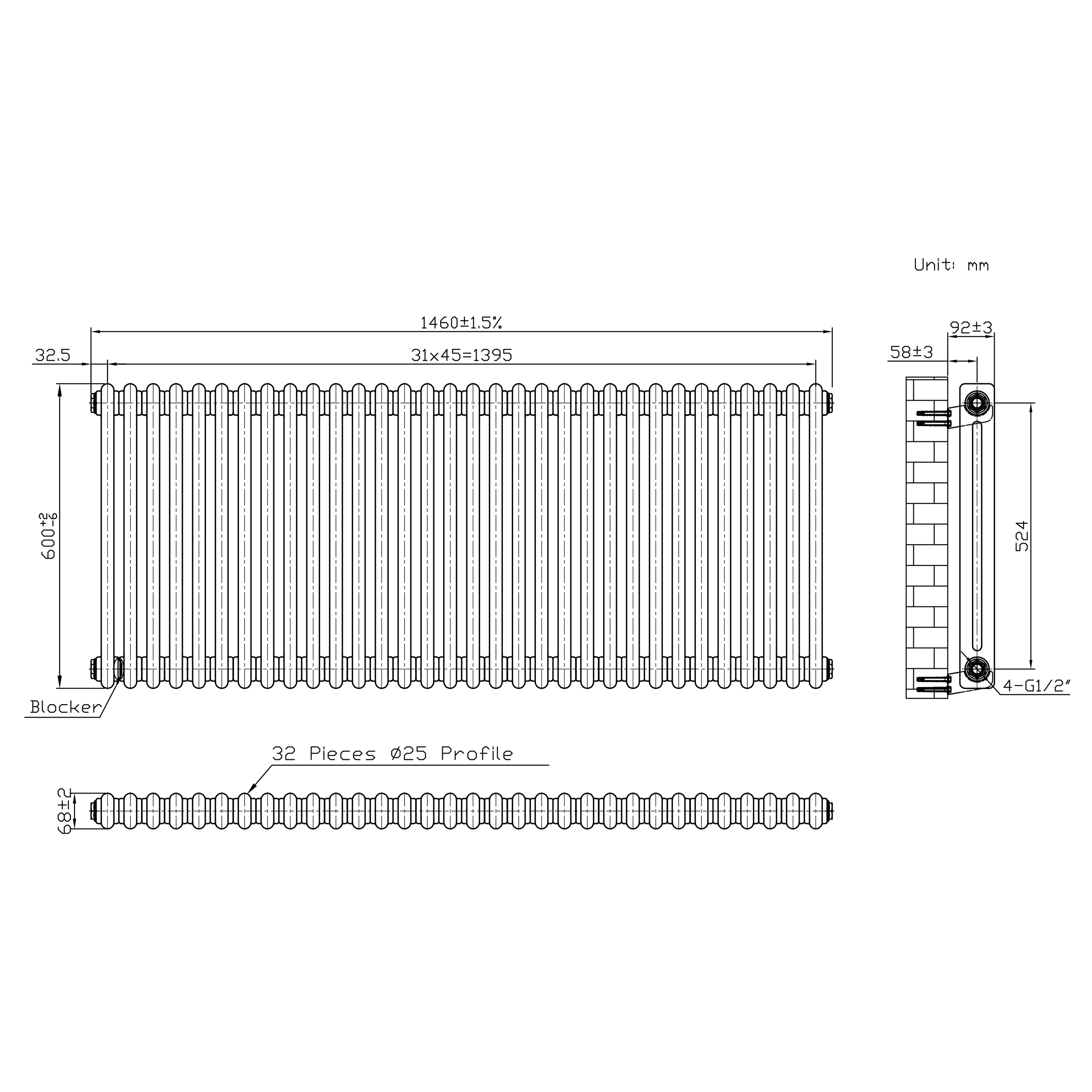 Q-Rax Radiatore Tradizionale 2 Colonne 600x1460 mm Metallo Grezzo