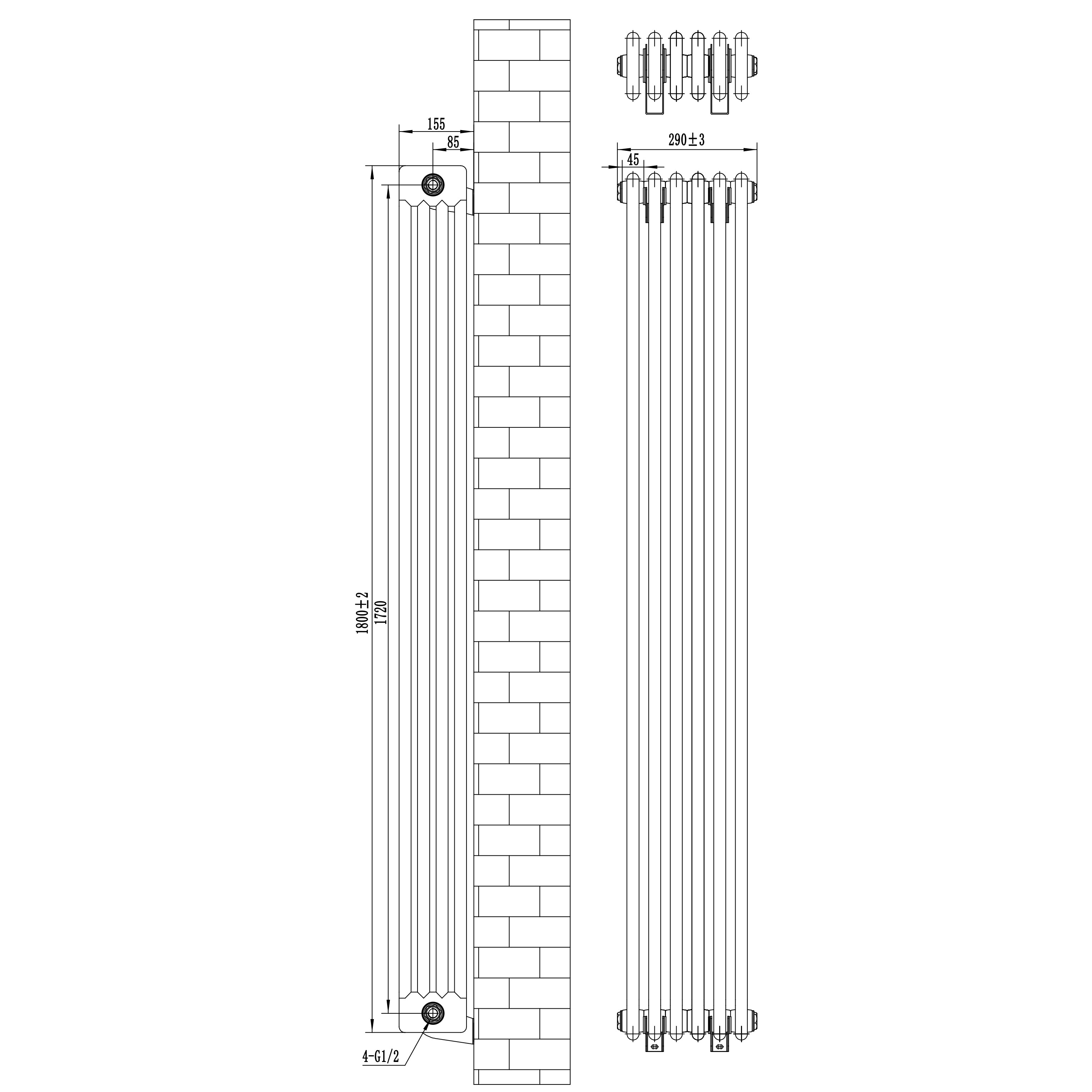 Q-Rax Radiatore Tradizionale 4 Colonne 1800x290 mm Nero