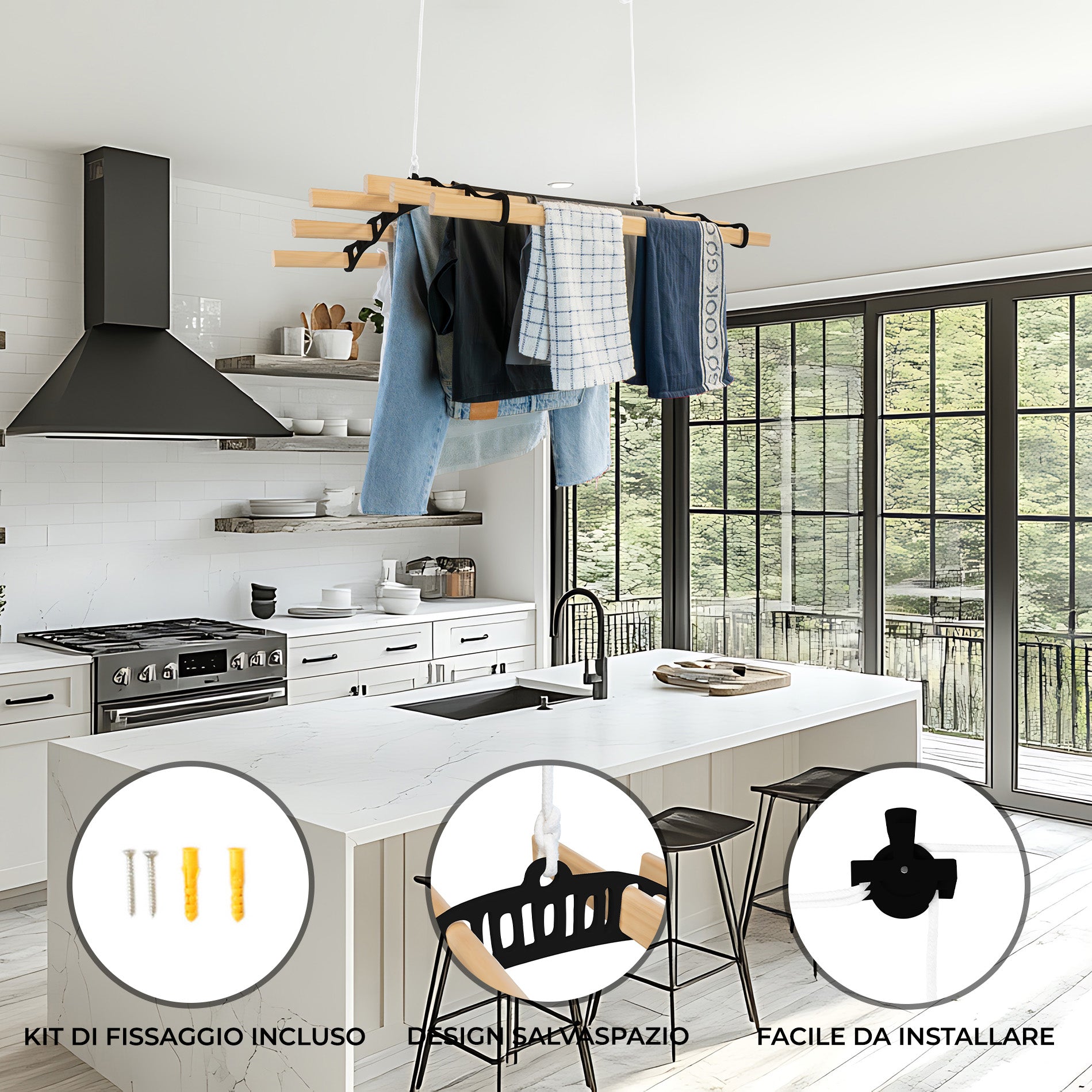 Q-Rax Stendibiancheria Soffitto Puleggia 0,9m 6 Listelli Nero
