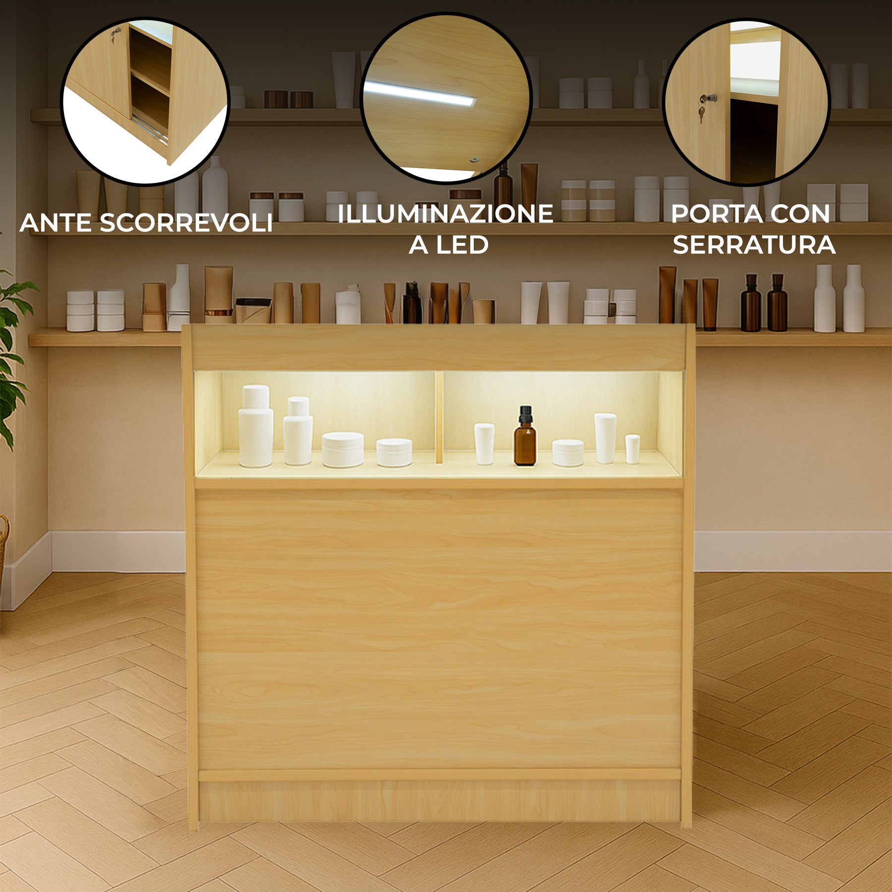 Q-Rax Banconi da Negozio Bancone B900 LED Acero Vetro Serratura