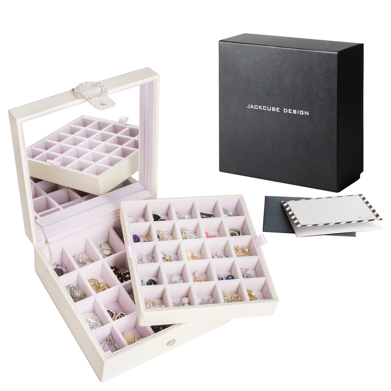 Jackcube Design Scatola Porta Orecchini Beige 50 Scomparti Specchio