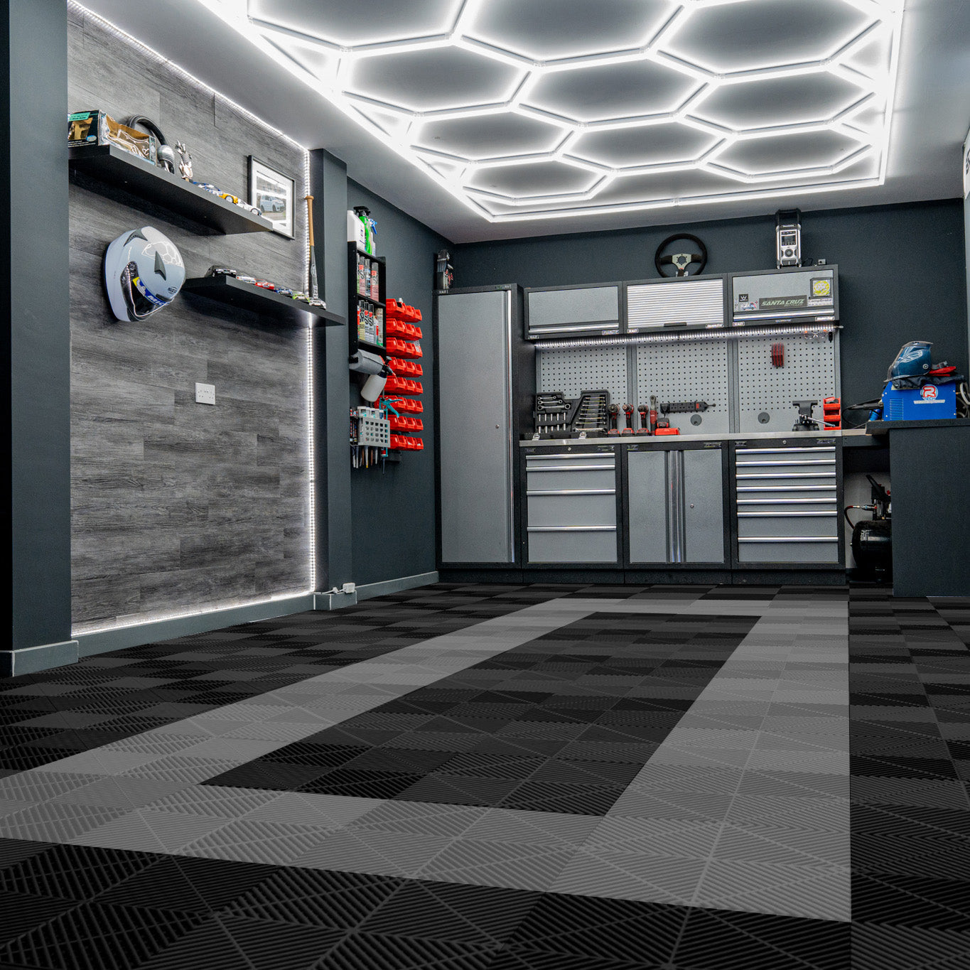 Q-Rax Piastrelle Garage 36 mq Nere Grigie + 2 LED Esagonali