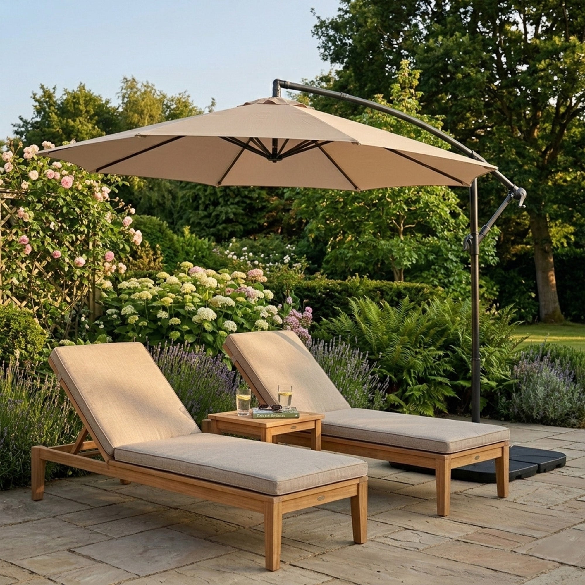 Q-Rax Ombrellone Decentrato 3m Beige con 4 Pesi