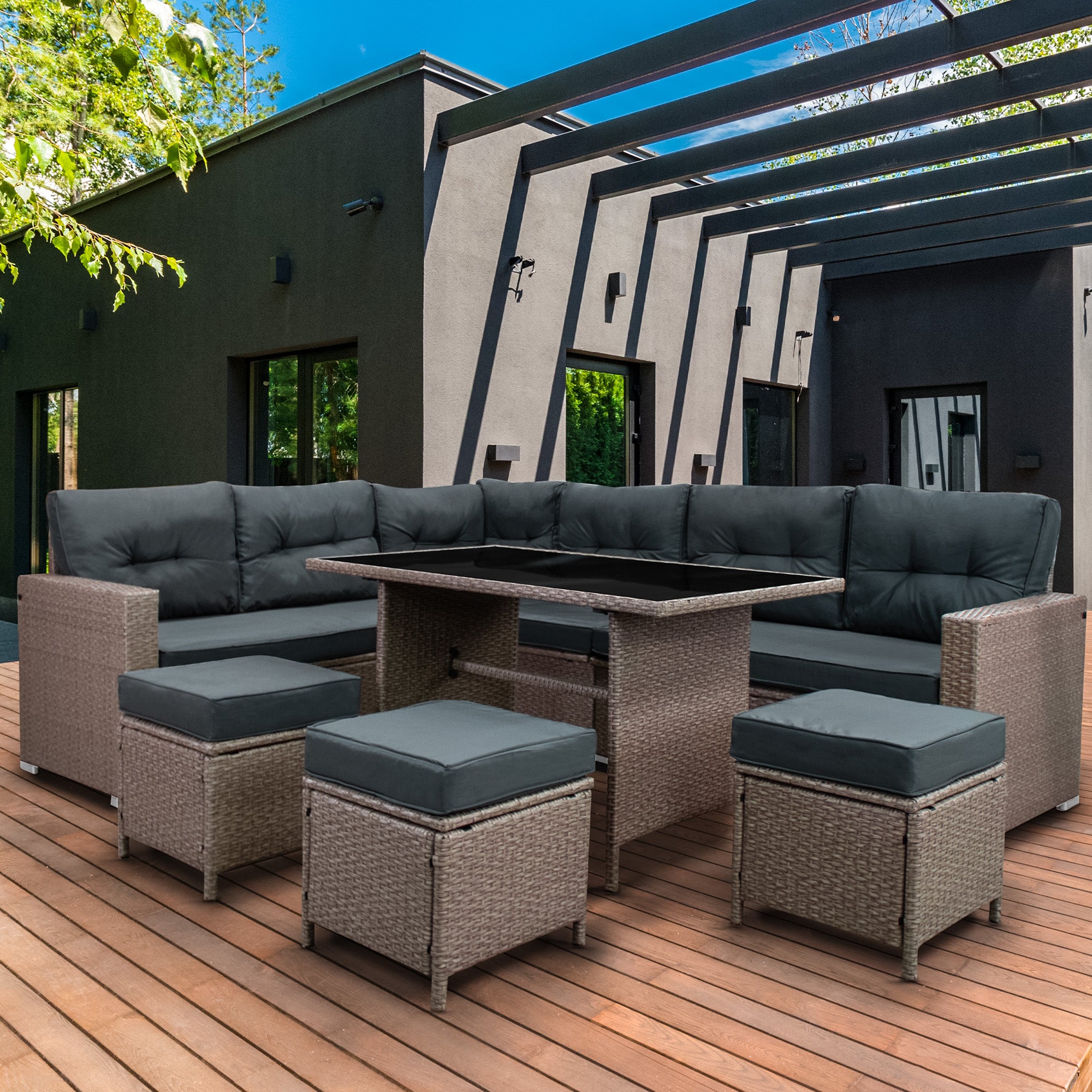 Q-Rax Set Salotto Giardino Rattan 9 Posti Grigio con Copertura