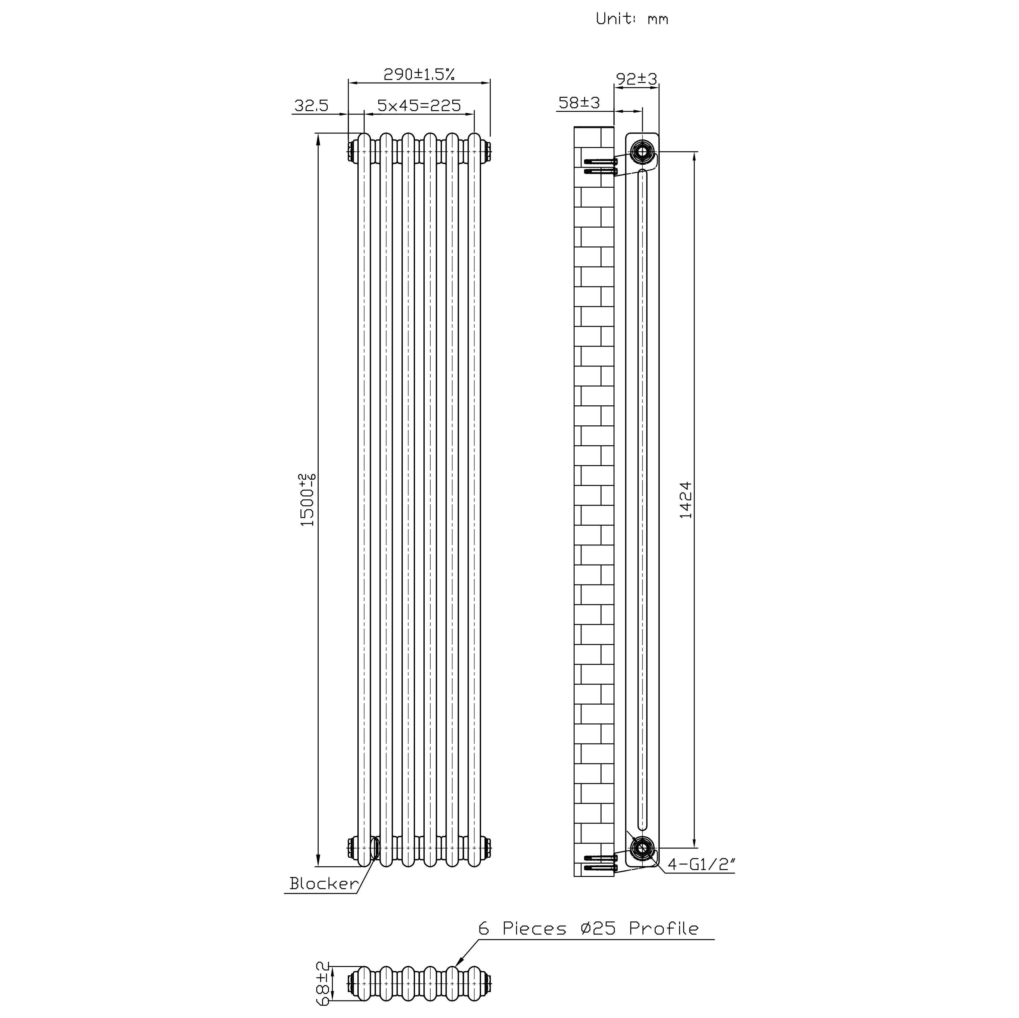 Q-Rax Radiatore Tradizionale 2 Colonne 1500x290 Grezzo