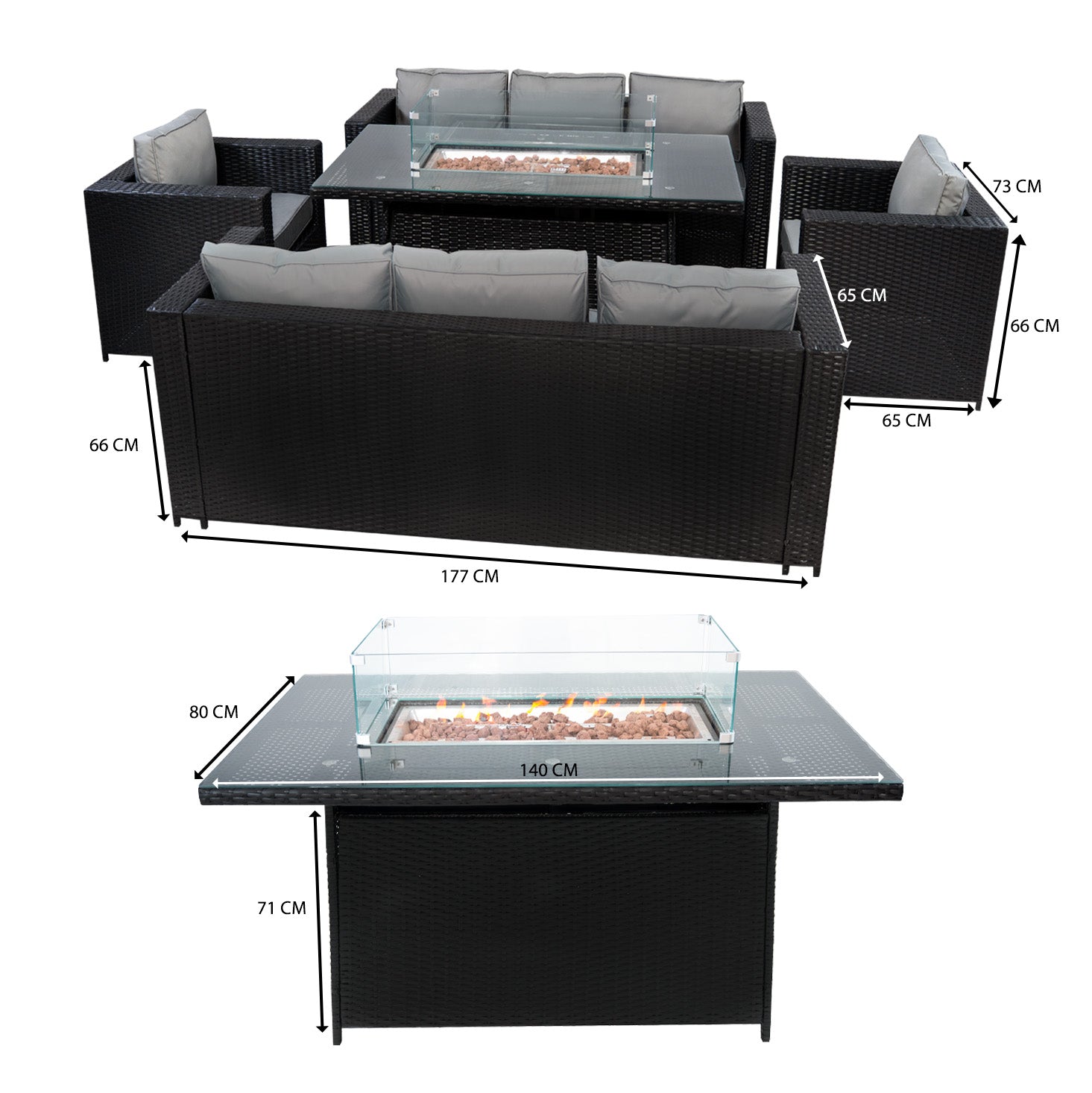 Q-Rax Set Giardino Rattan 8 Posti Tavolo Firepit Nero