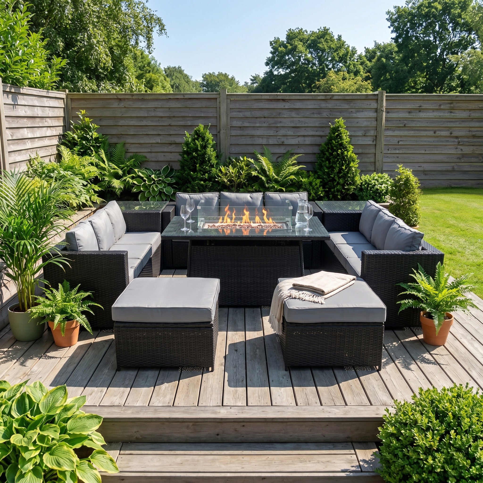 Q-Rax Set Giardino Rattan 11 Posti Tavolo Firepit Nero