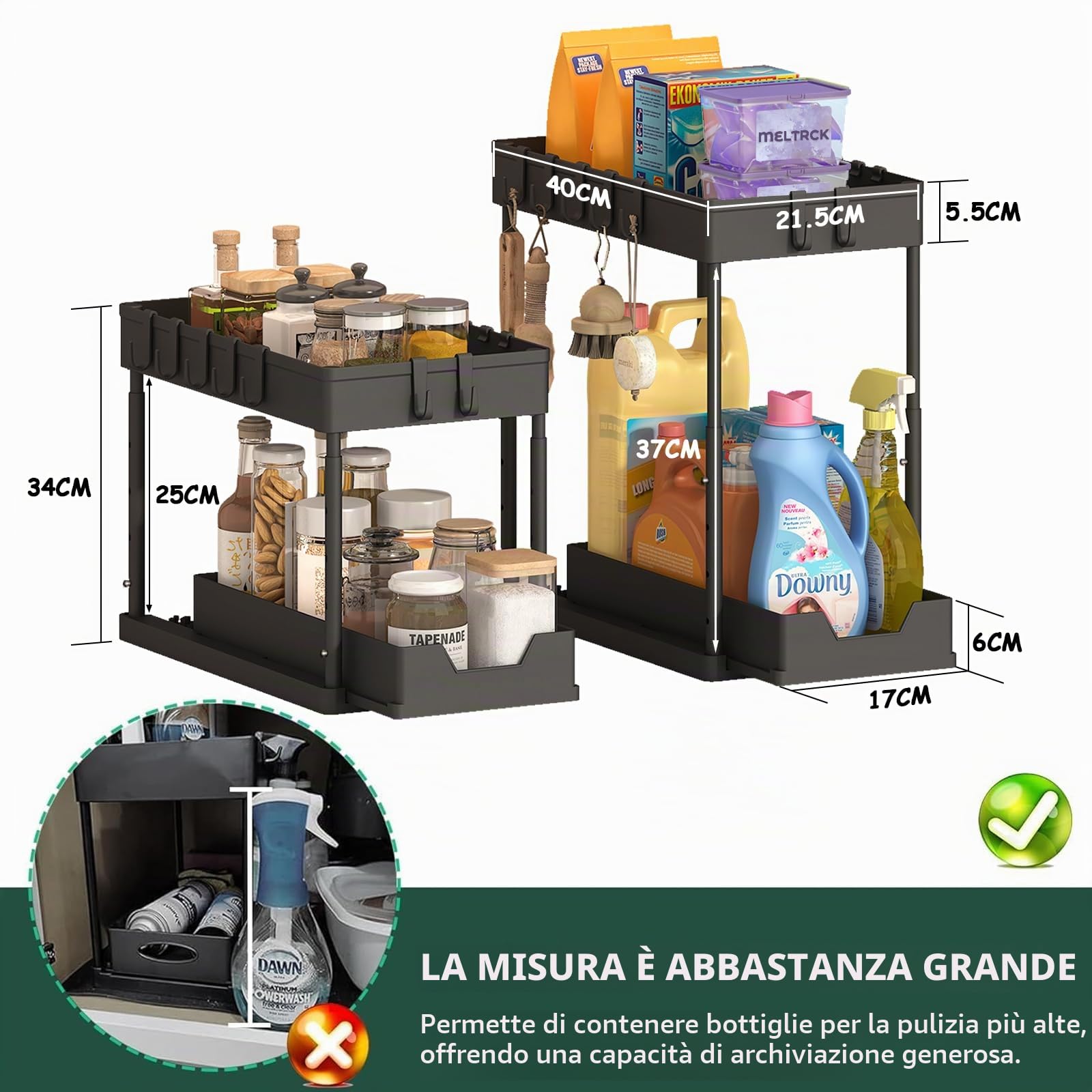 Meltrck Organizer Sottolavello Nero 2 Pezzi 2 Livelli 16 Ganci