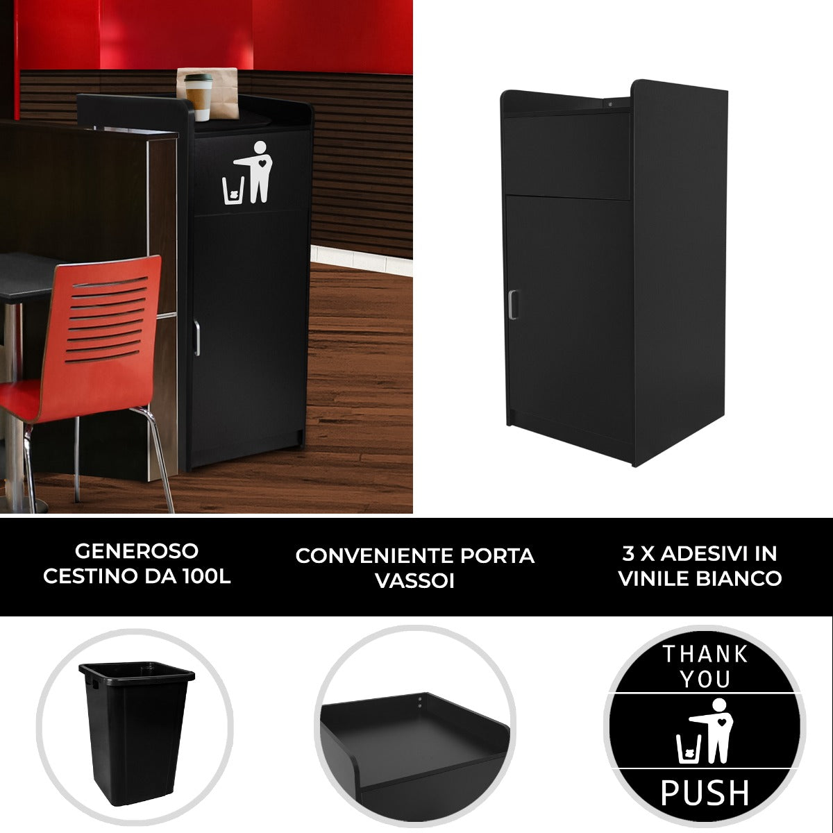 Q-Rax Contenitore Pattumiera Svuota Vassoi Legno Nero 100L