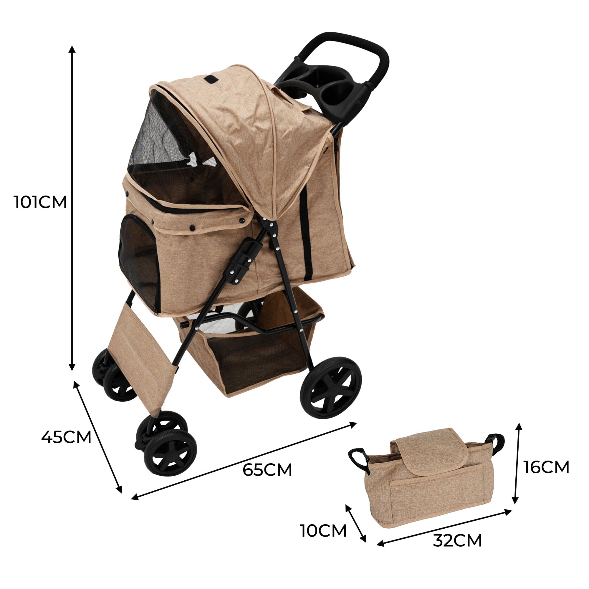 Q-Rax Passeggino Animali Beige Pieghevole 15 kg con Borsa
