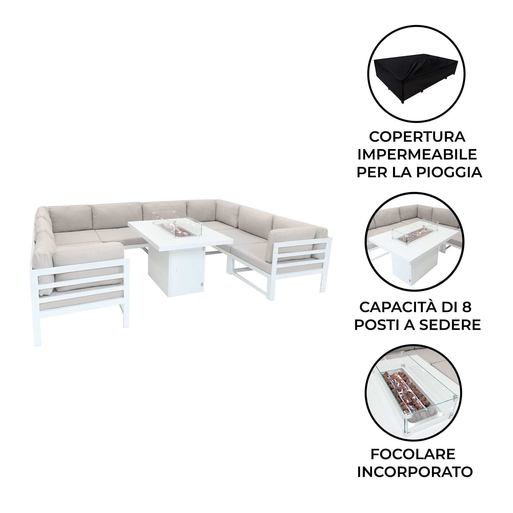 Q-Rax Set Mobili Giardino Modulare 8 Posti Bianco con Braciere