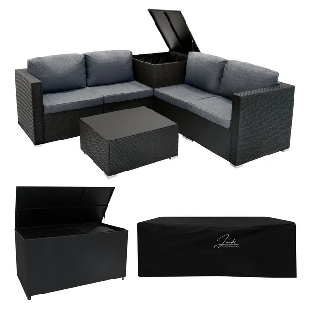 Q-Rax Set Rattan Nero 6 Pezzi Tavolino Bauli 250L+996L Giardino