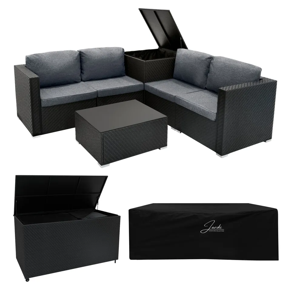 Q-Rax Set Rattan Nero 6 Pezzi Tavolino Bauli 250L+996L Giardino