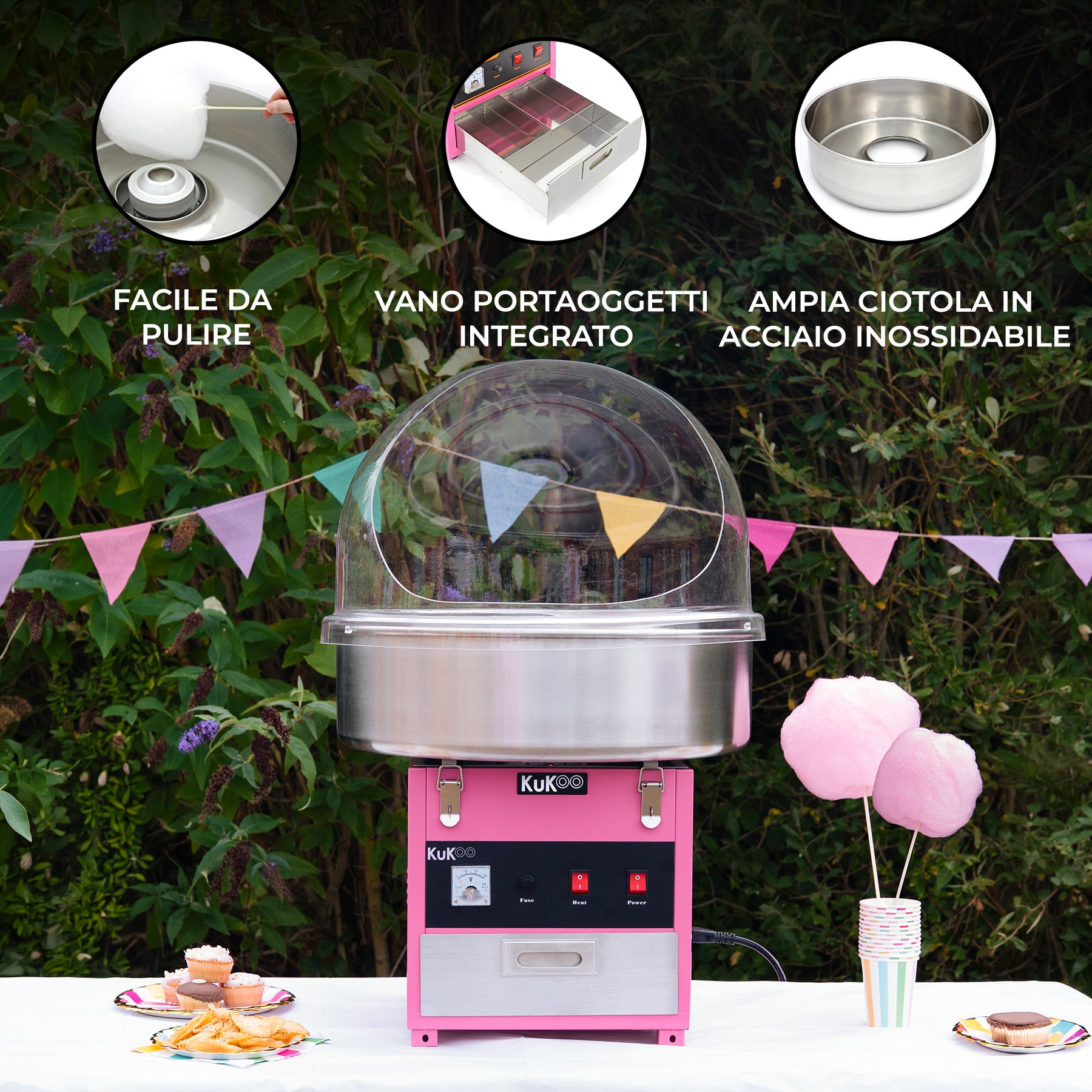 Q-Rax Macchina Zucchero Filato Cupola 50 cm Rosa 600 Stecche