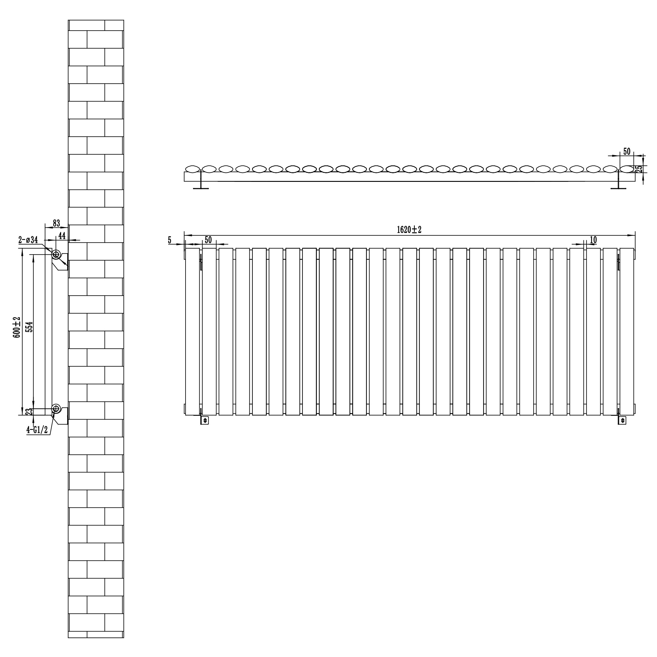 Q-Rax Radiatore Ovale Colonna Singola 600x1620 mm Nero