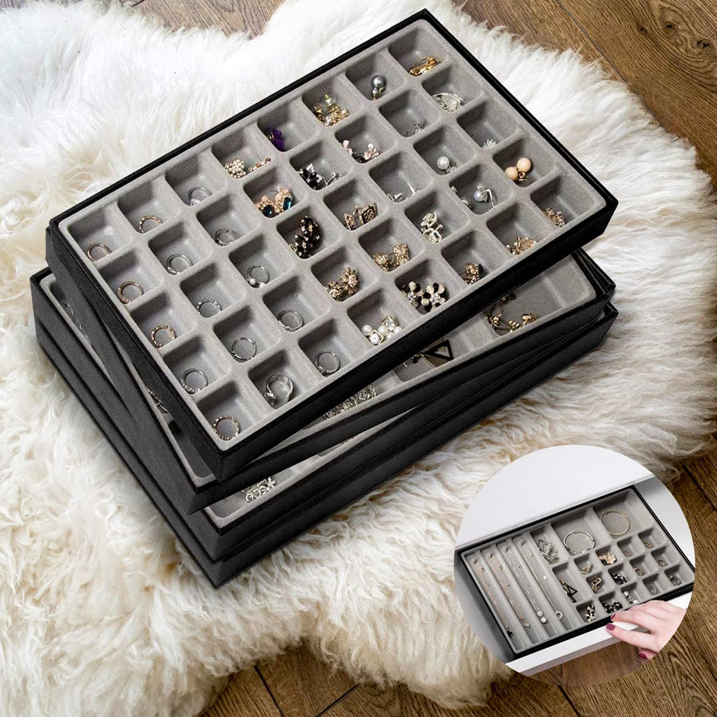 Jackcube Design Vassoi Portagioie Pelle Nera Set 4 Pezzi Impilabili