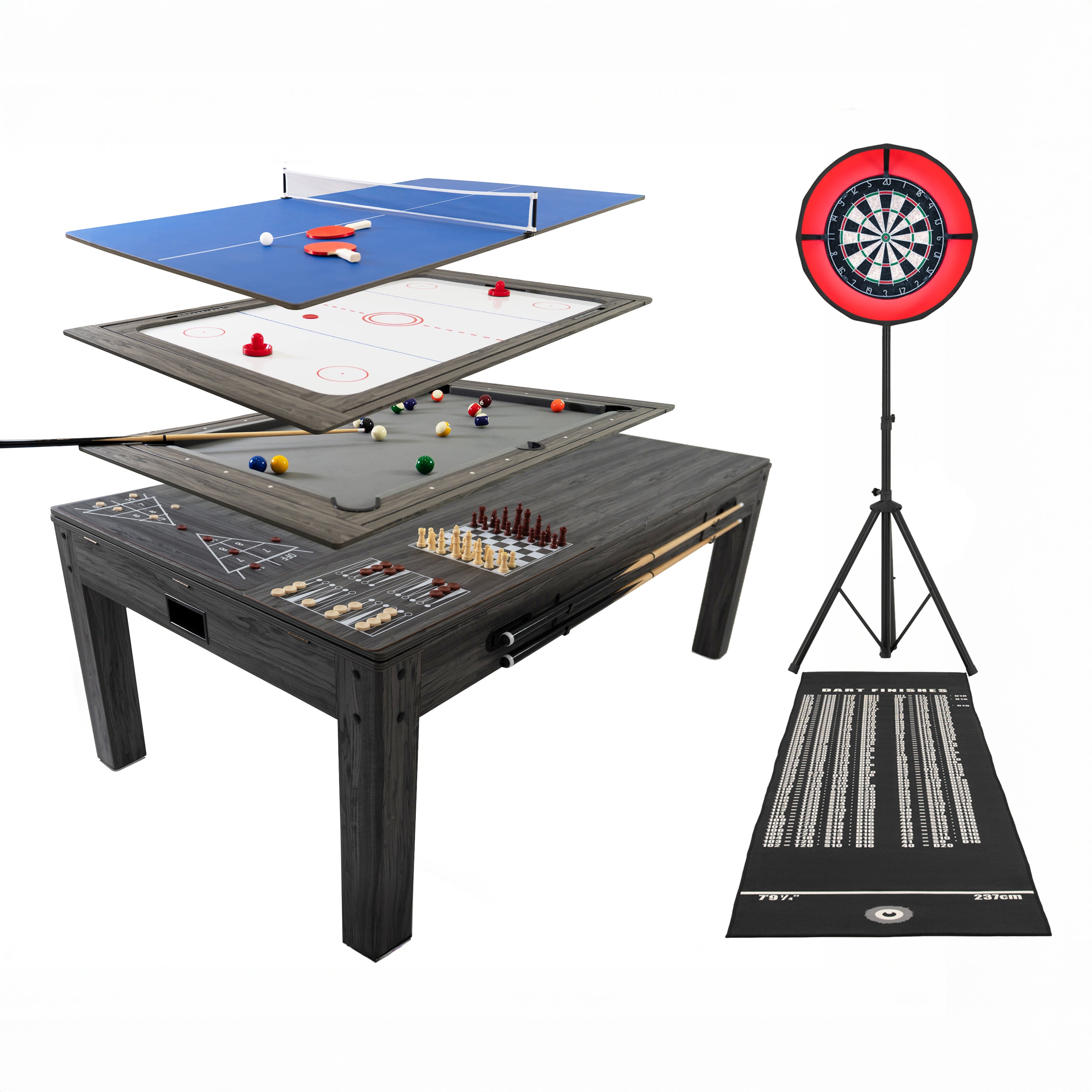 Q-Rax Tavolo Giochi 7-in-1 Grigio 213 cm con Freccette LED