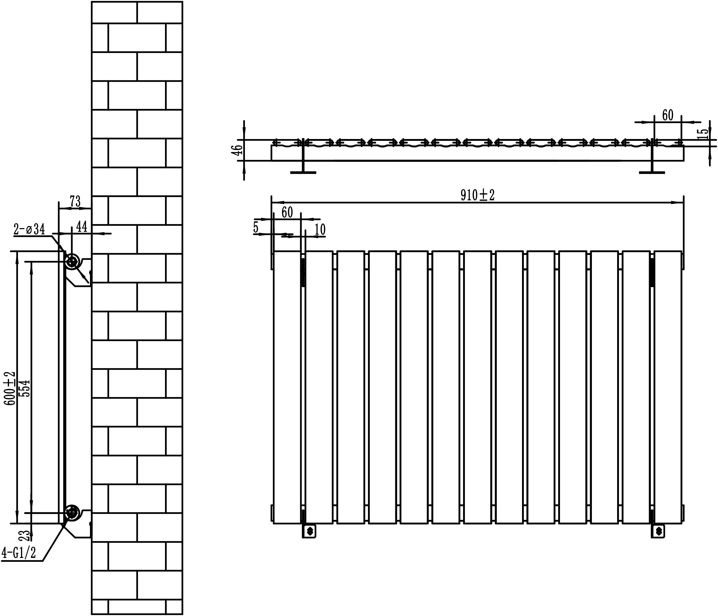 Q-Rax Radiatore Piatto 600x910 mm Nero Colonna Singola
