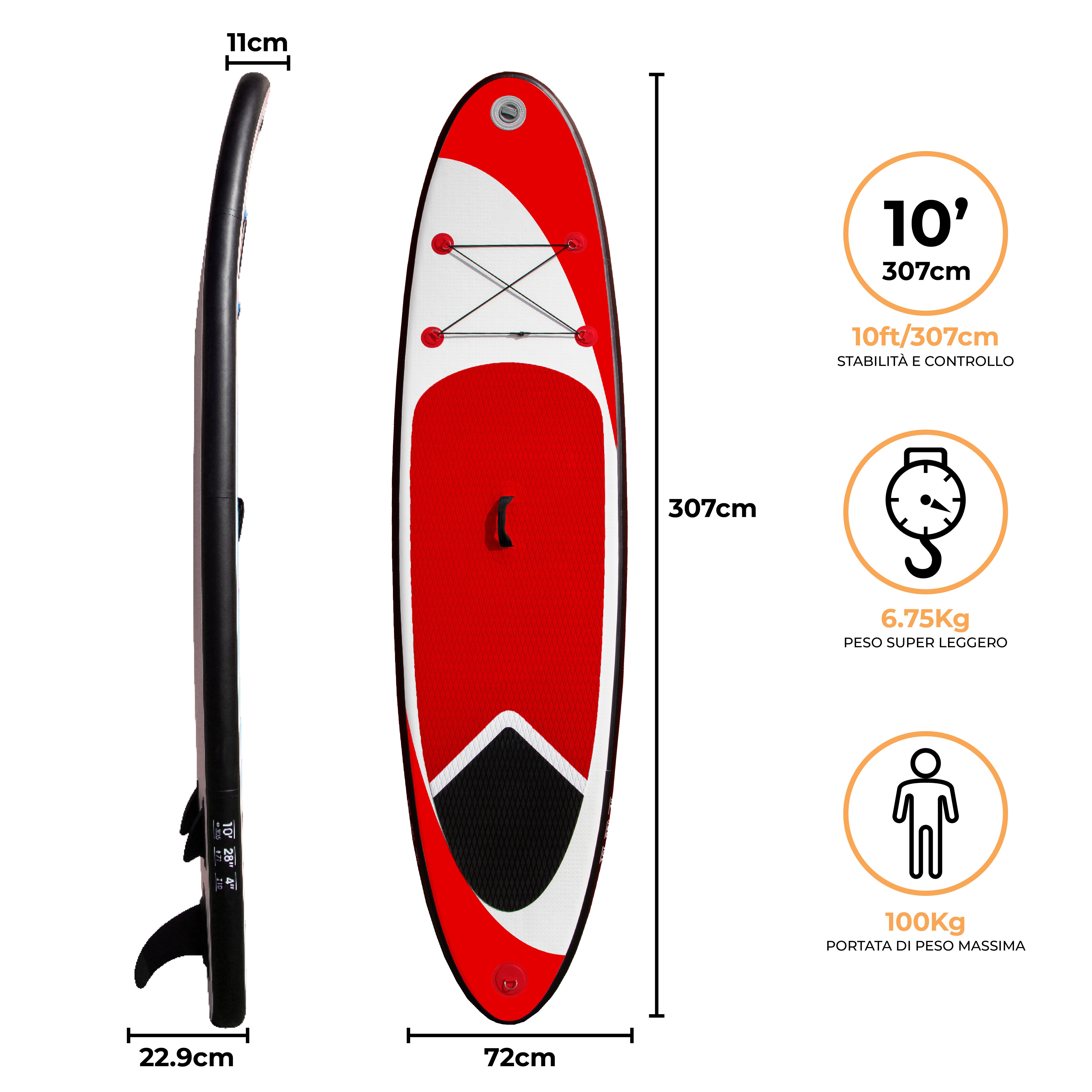 Q-Rax SUP Gonfiabile 3m Tavola Paddle Rossa 100 kg