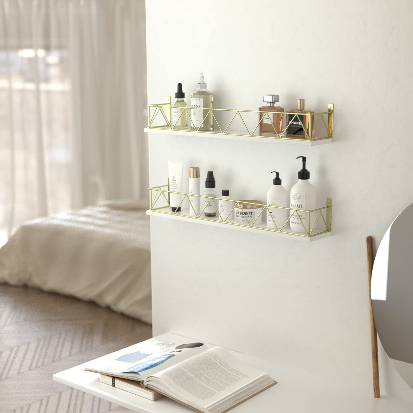 Jackcube Design Set 2 Mensole Muro Oro Bianche 60 cm Metallo Legno