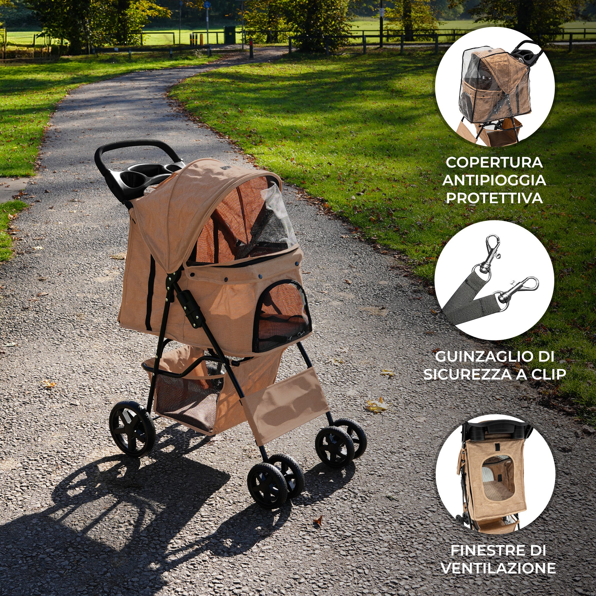 Q-Rax Passeggino per Animali Beige con Antipioggia 15kg