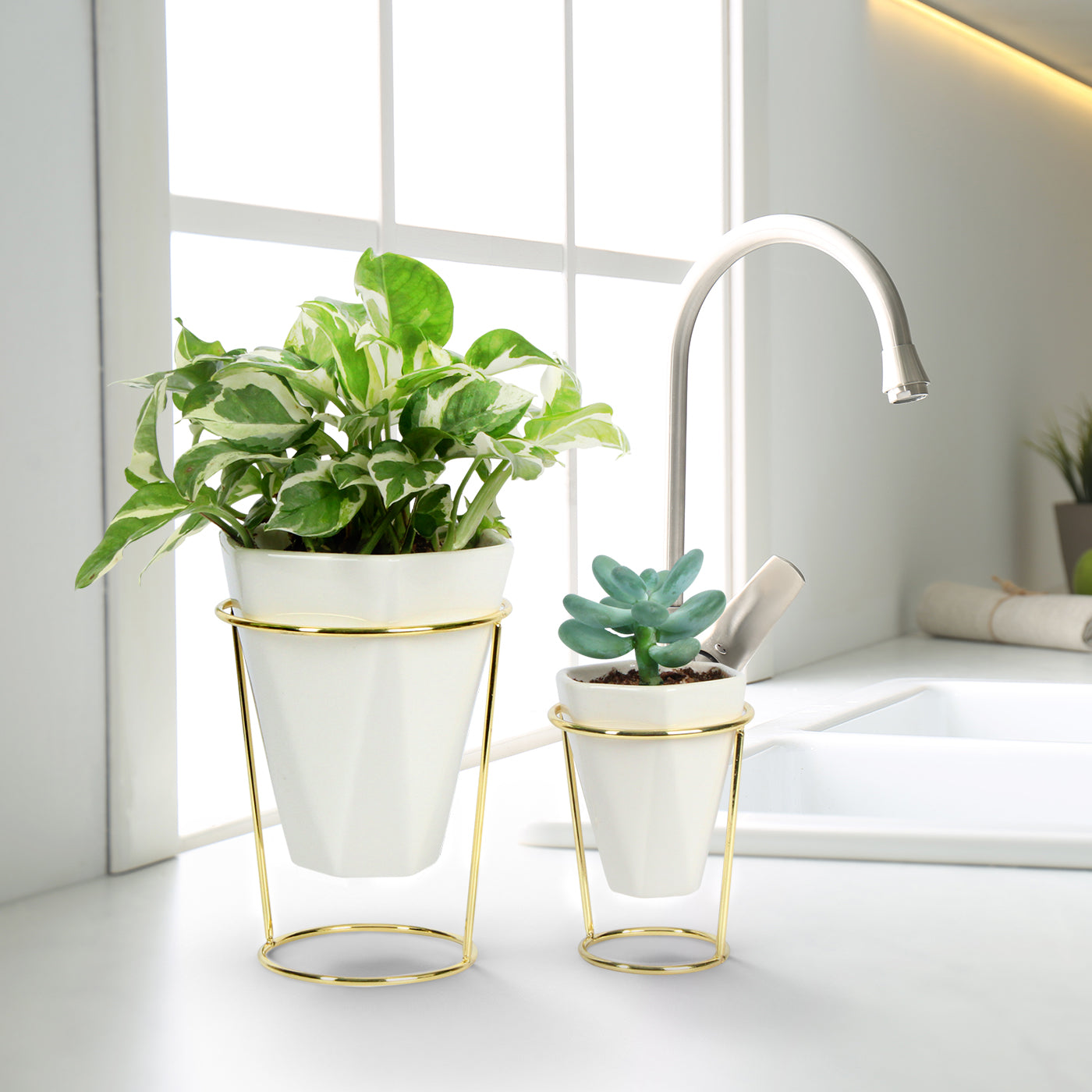 Jackcube Design set 2 vasi ceramica bianca con supporto oro