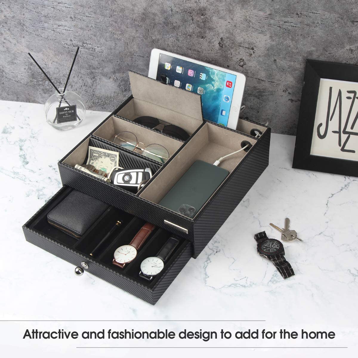 Jackcube Design Dressroom Vassoio Svuotatasche Pelle Nero con Cassetto