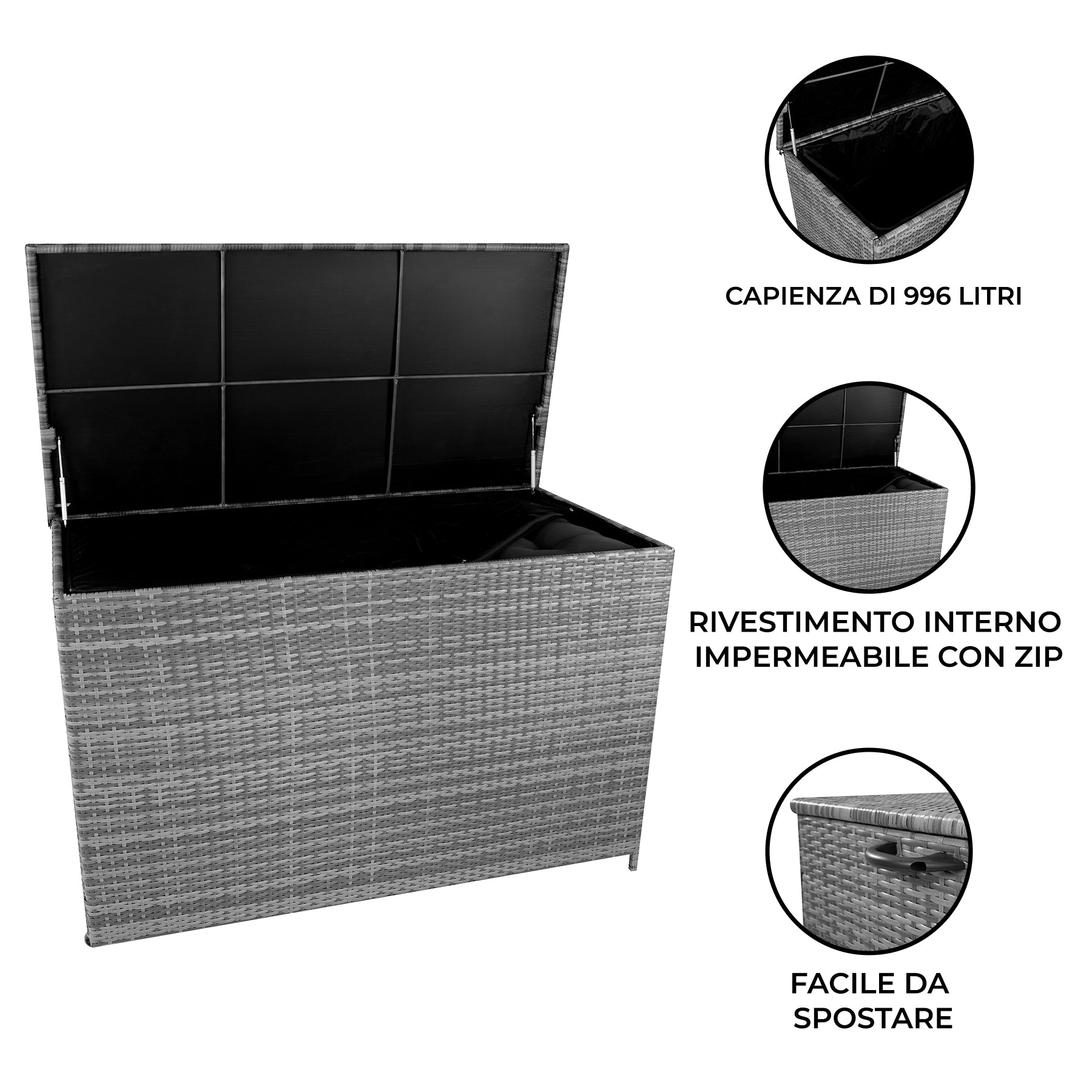 Q-Rax Mobili da Esterno Box 996L Baule Rattan Grigio con Ruote