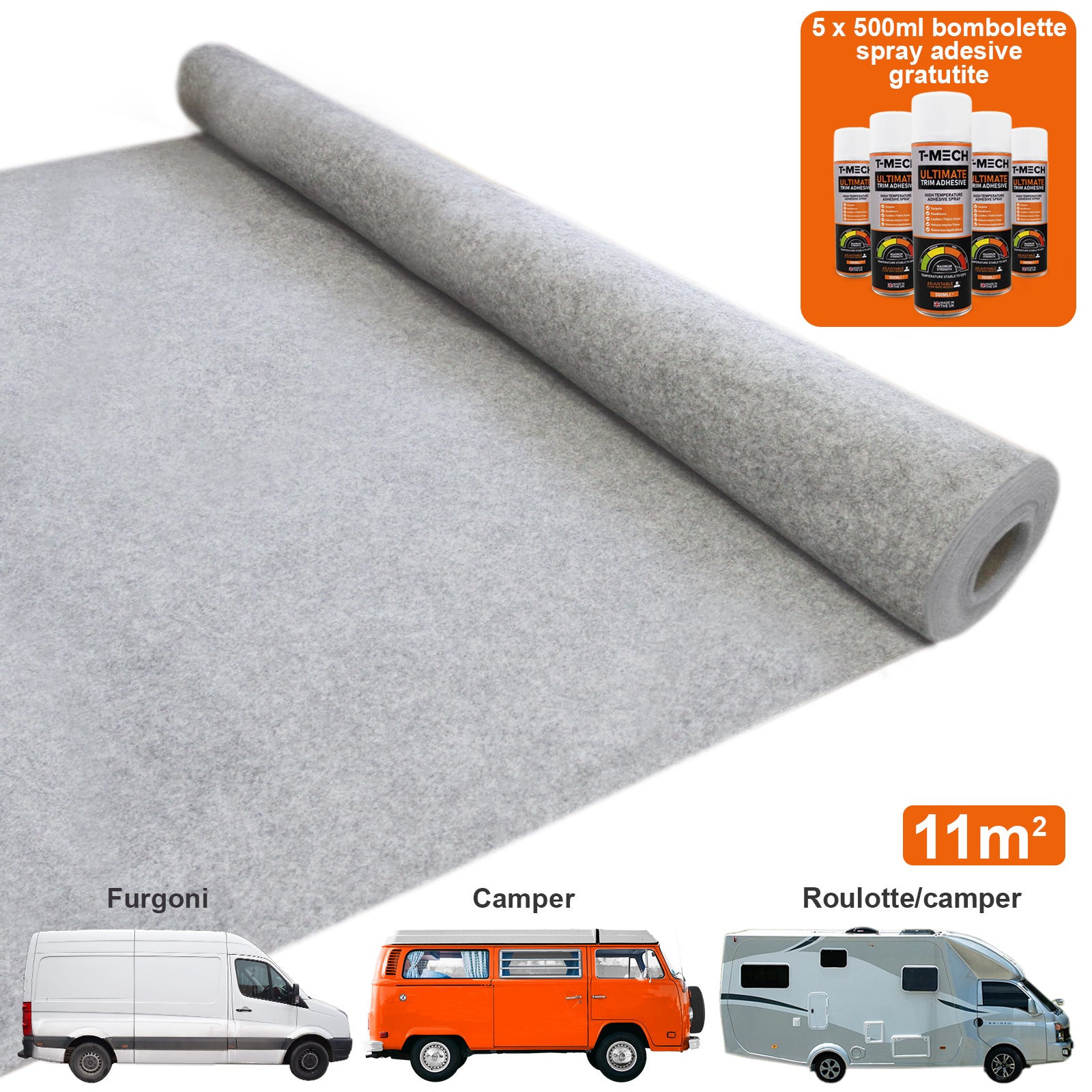Q-Rax Moquette Furgone Grigio Argento 11 mq + 5 Adesivi Spray