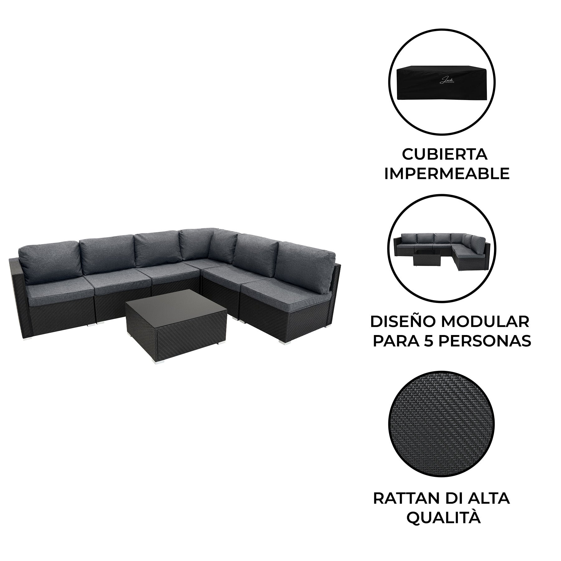 Q-Rax Set Mobili Giardino 7 Pezzi rattan nero con tavolino