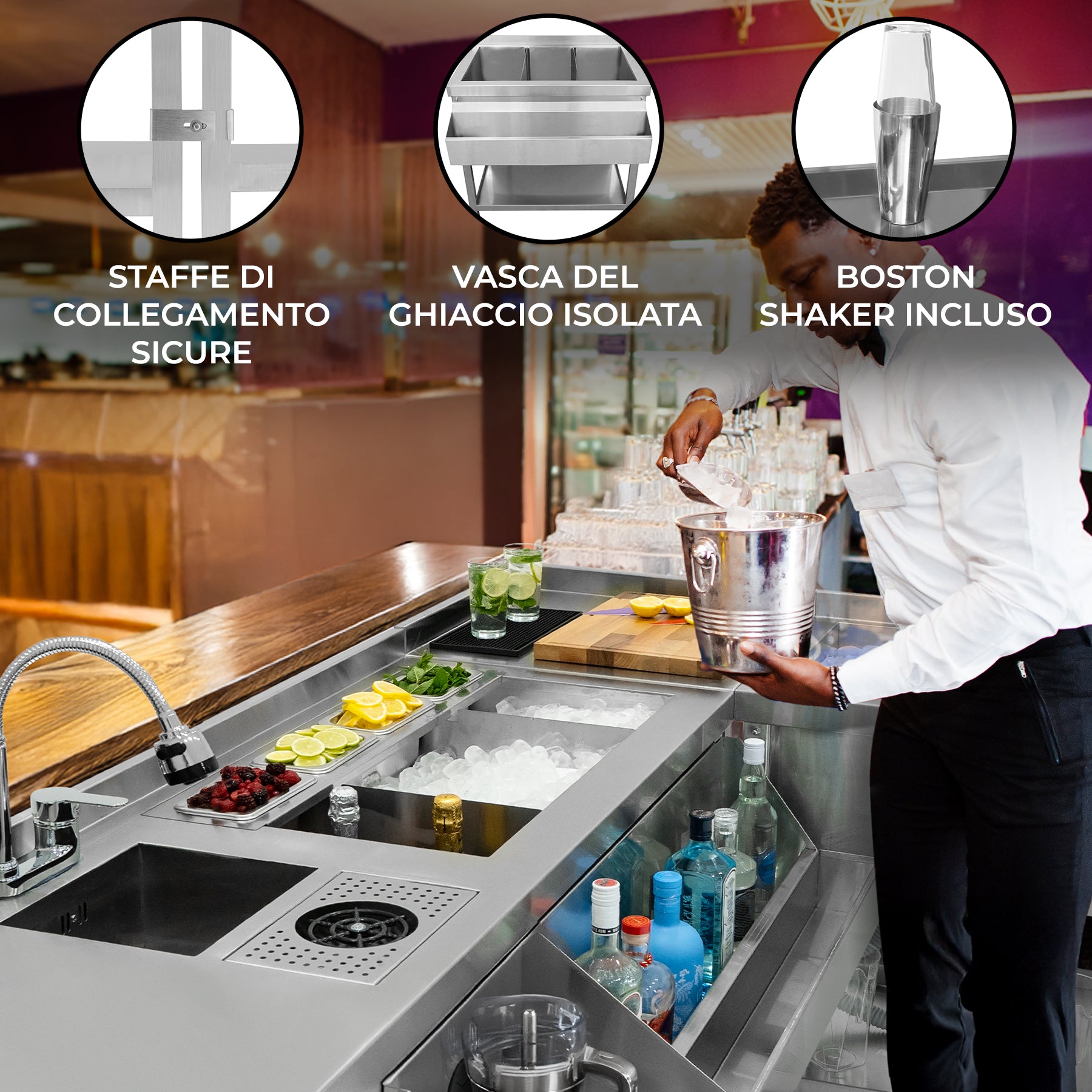 Q-Rax Postazione Cocktail Modulare Acciaio Inox con Ghiaccio