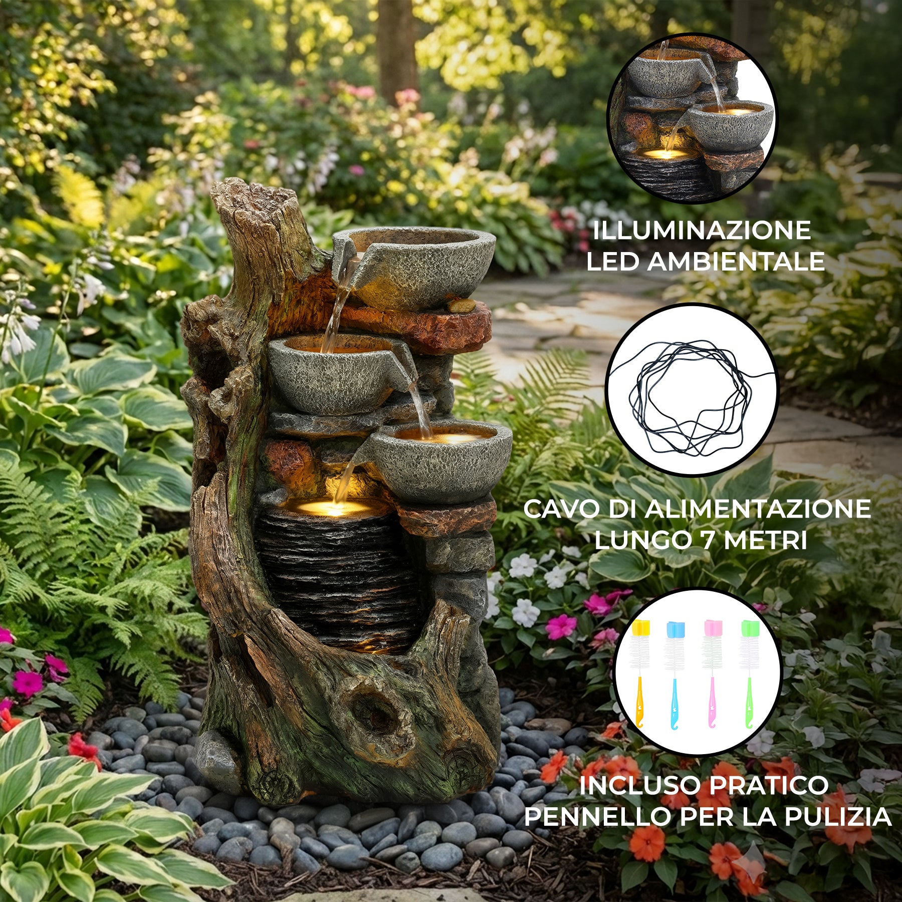 Q-Rax Rustic Brook Fontana Giardino Elettrica Cascata LED Pietra