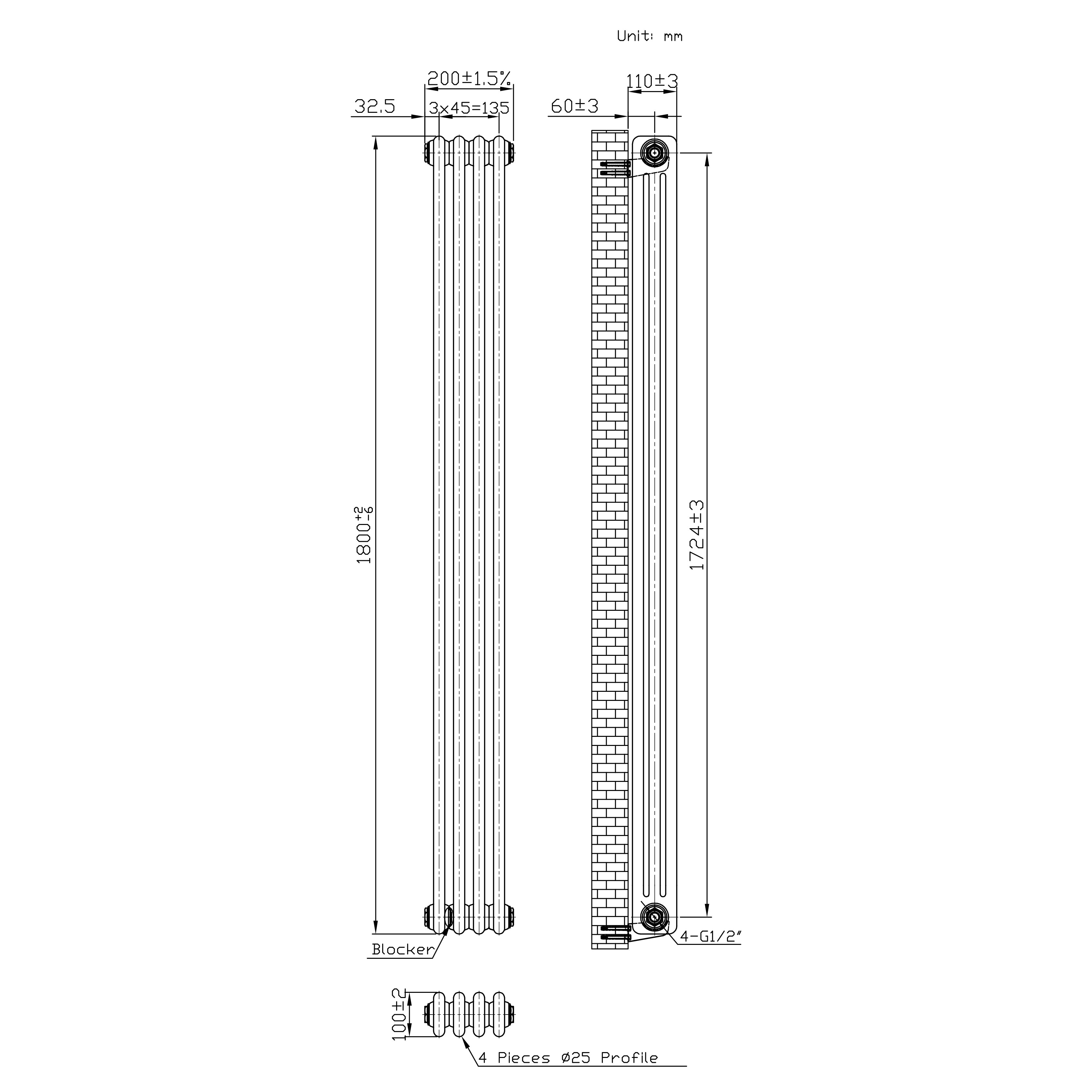 Q-Rax 1800x200 Radiatore a 3 Colonne Metallo Grezzo