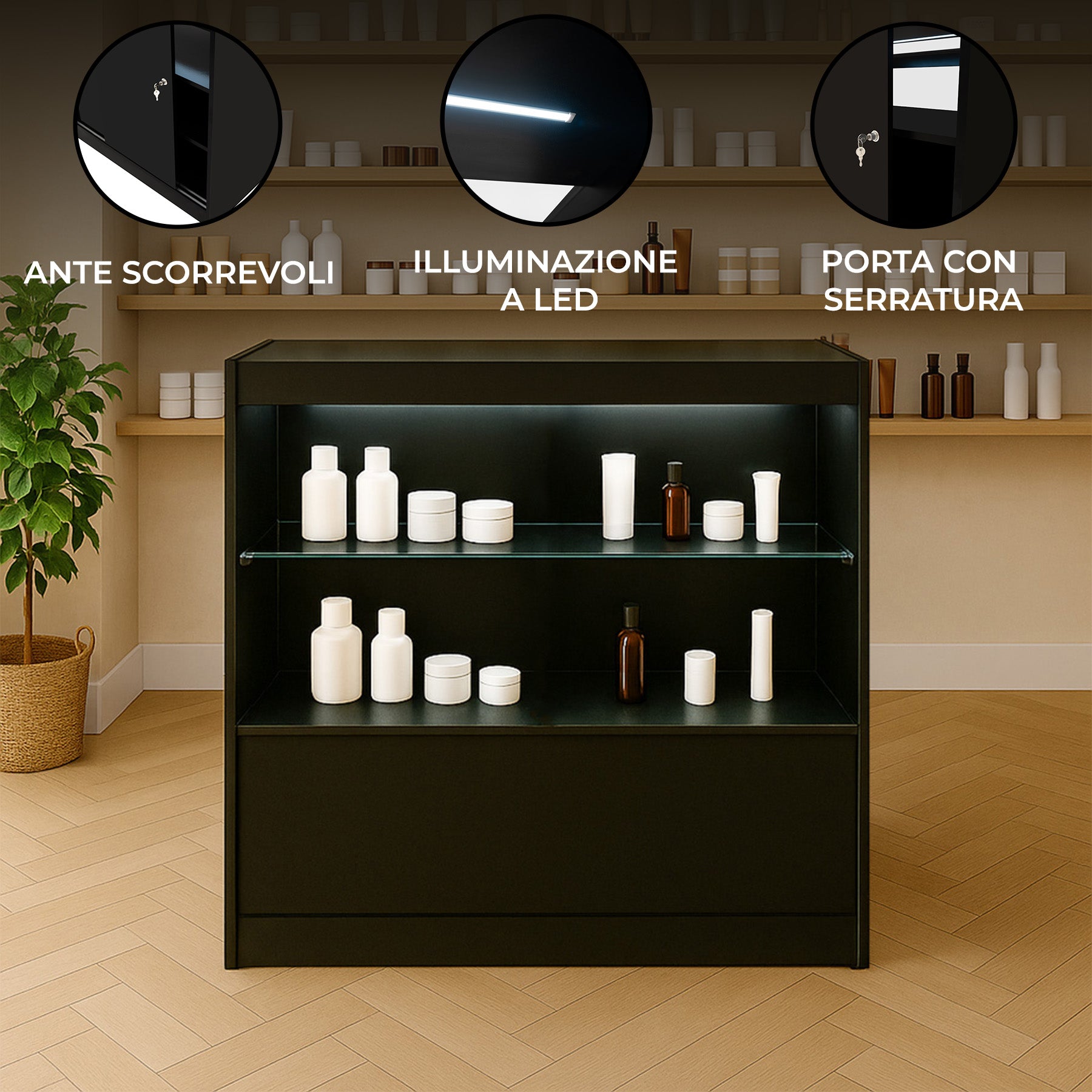 Q-Rax Banconi da Negozio C900 bancone nero vetro LED serratura