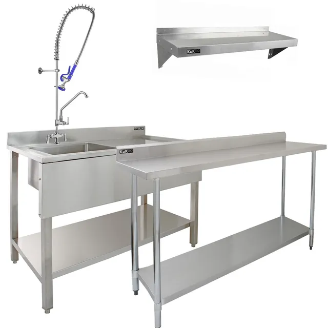 Q-Rax Ristorazione Lavello Inox 180cm Sgocciolatoio + Mensole 125cm