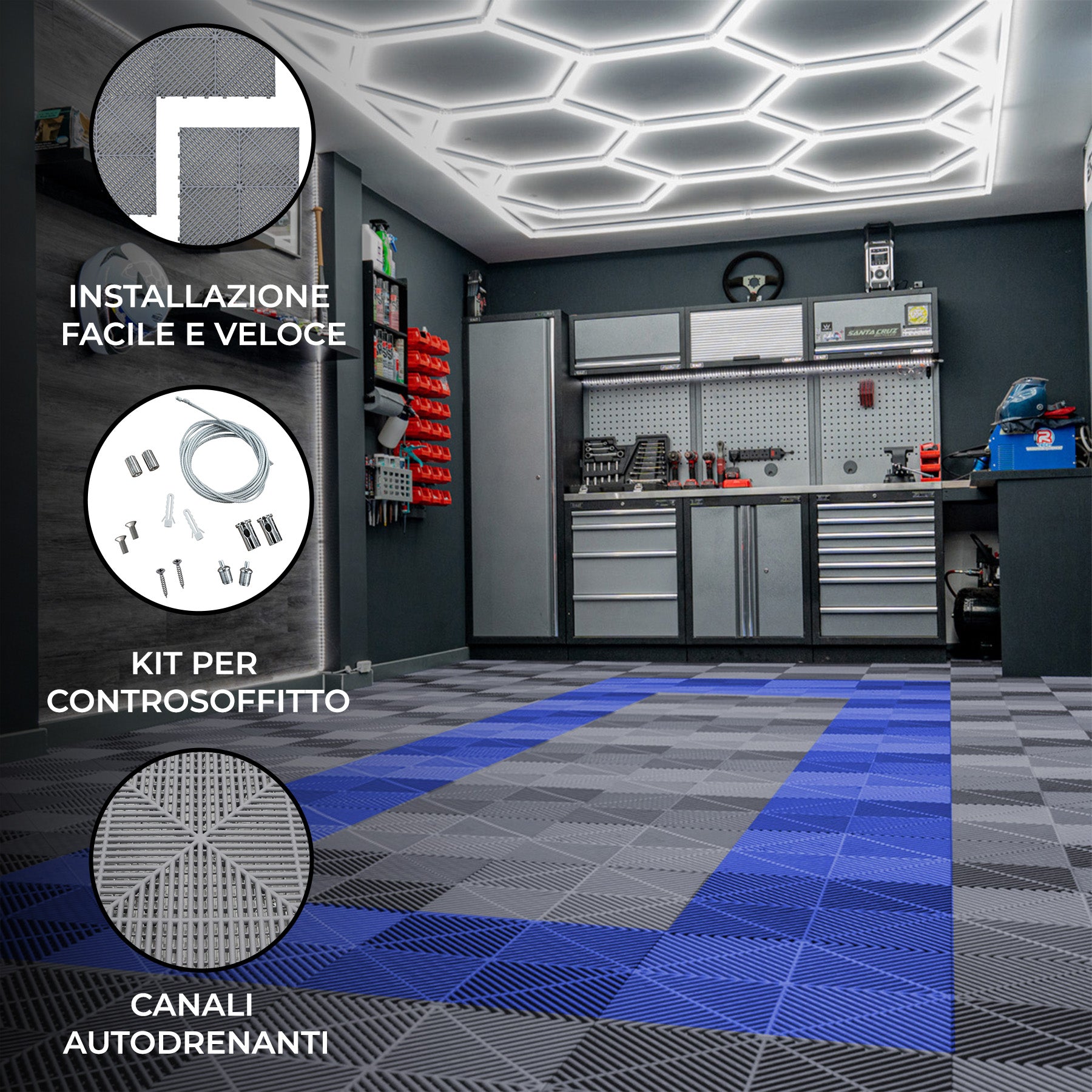 Q-Rax Piastrelle Ventilate Garage 36mq + 2 Luci LED Grigio Blu