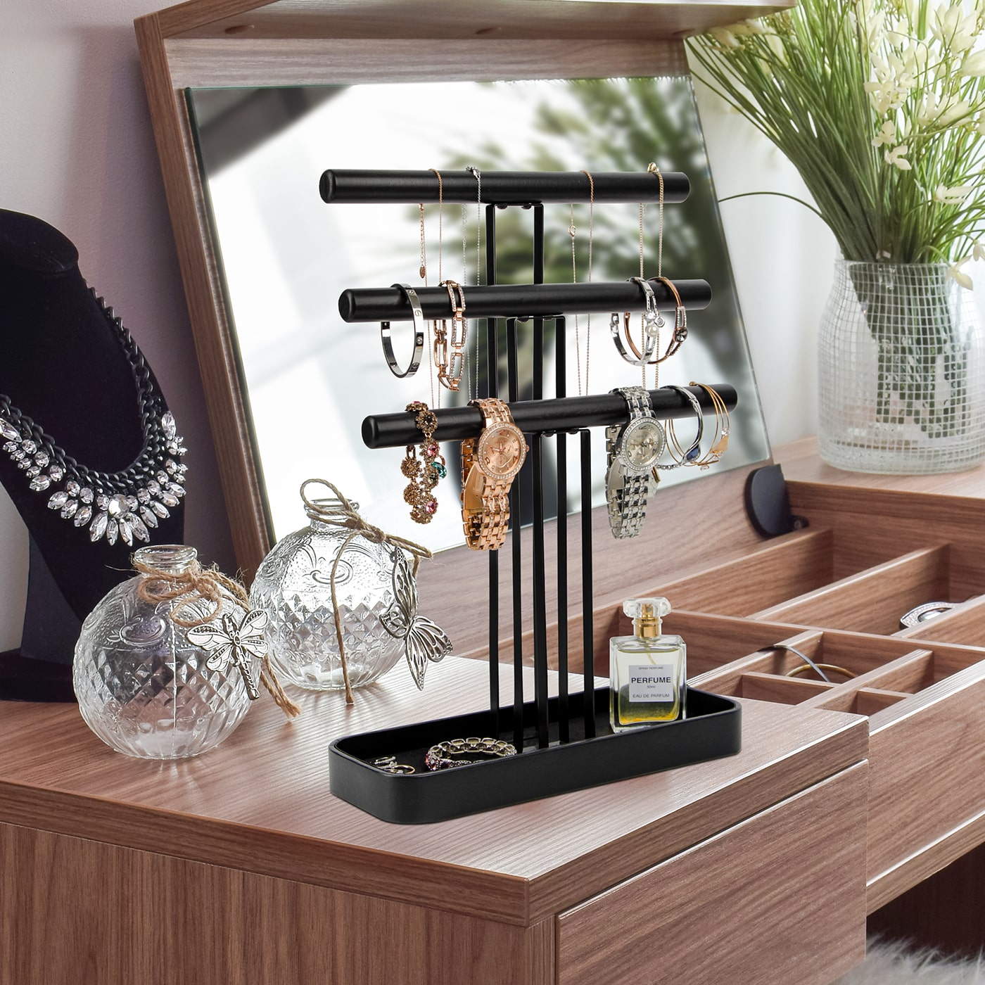 Jackcube Design Albero Portagioie Legno Nero 3 Piani Pelle