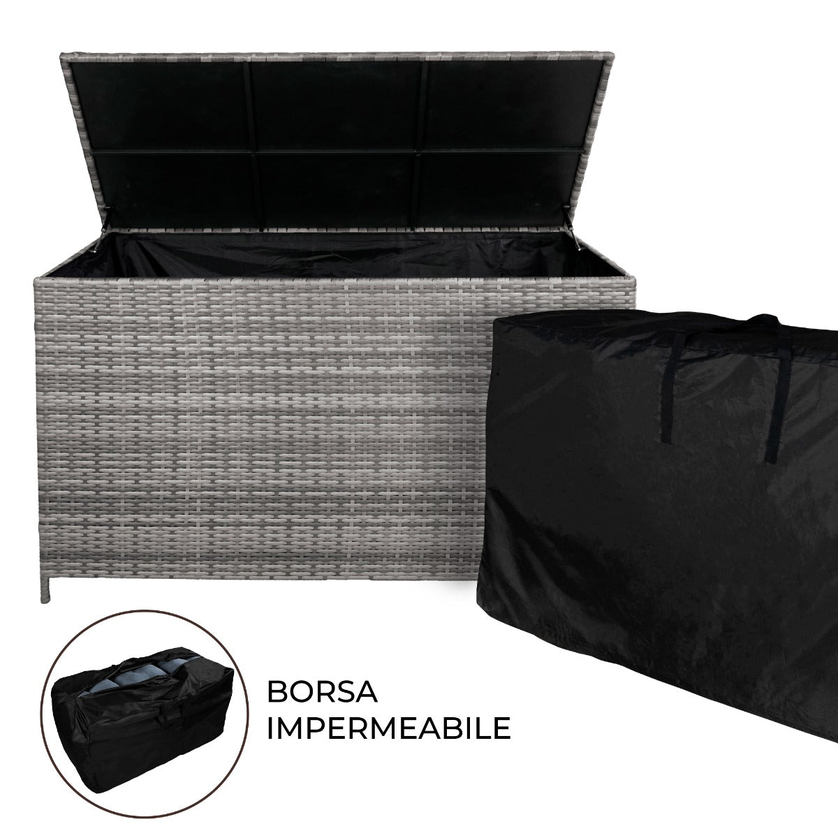 Q-Rax Box Giardino Rattan Grigio 582L Baule Cuscini Esterno